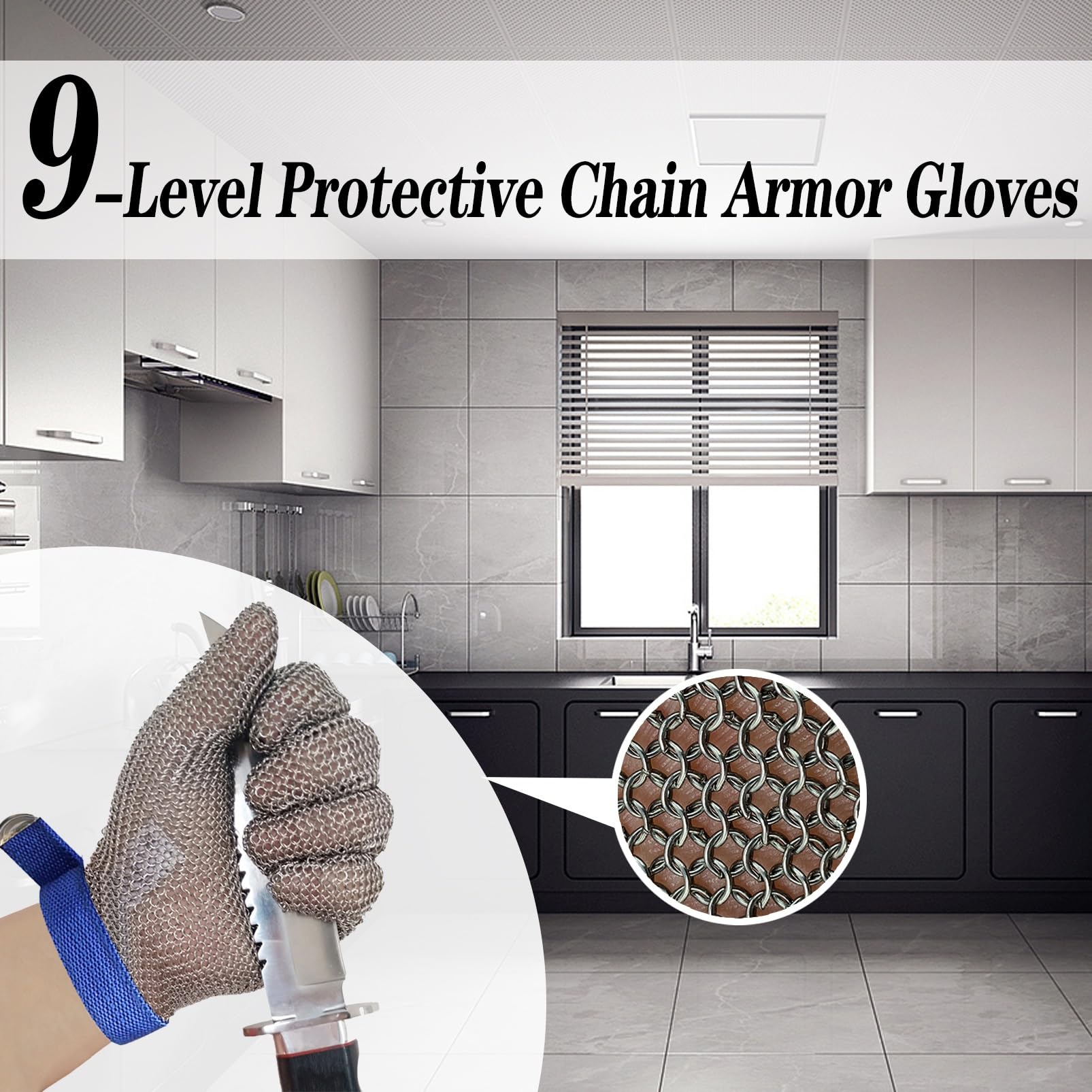 Cut Proof Gloves Rękawice odporne na przecięcia do supermarketu kuchennego, rękawice odporne na przecięcia z kolczugą do krojenia żywności z regulowanym nylonowym paskiem na nadgarstek(/M)