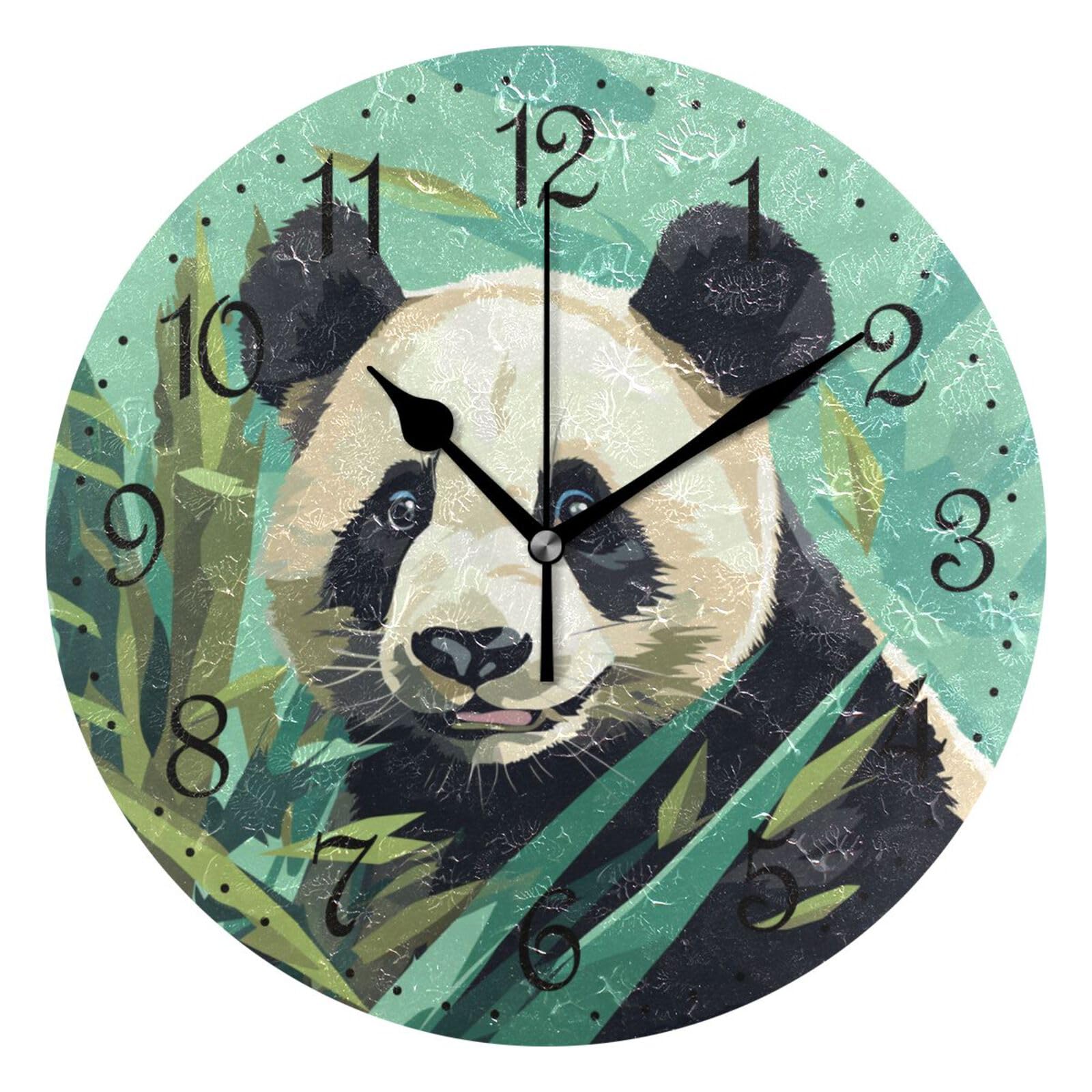 Mnsruu Wall Clock Panda Green Bamboos, Silent Non-Ticking Decorative Animals Wall Clocks Battery Operated 25x25cm — image 1