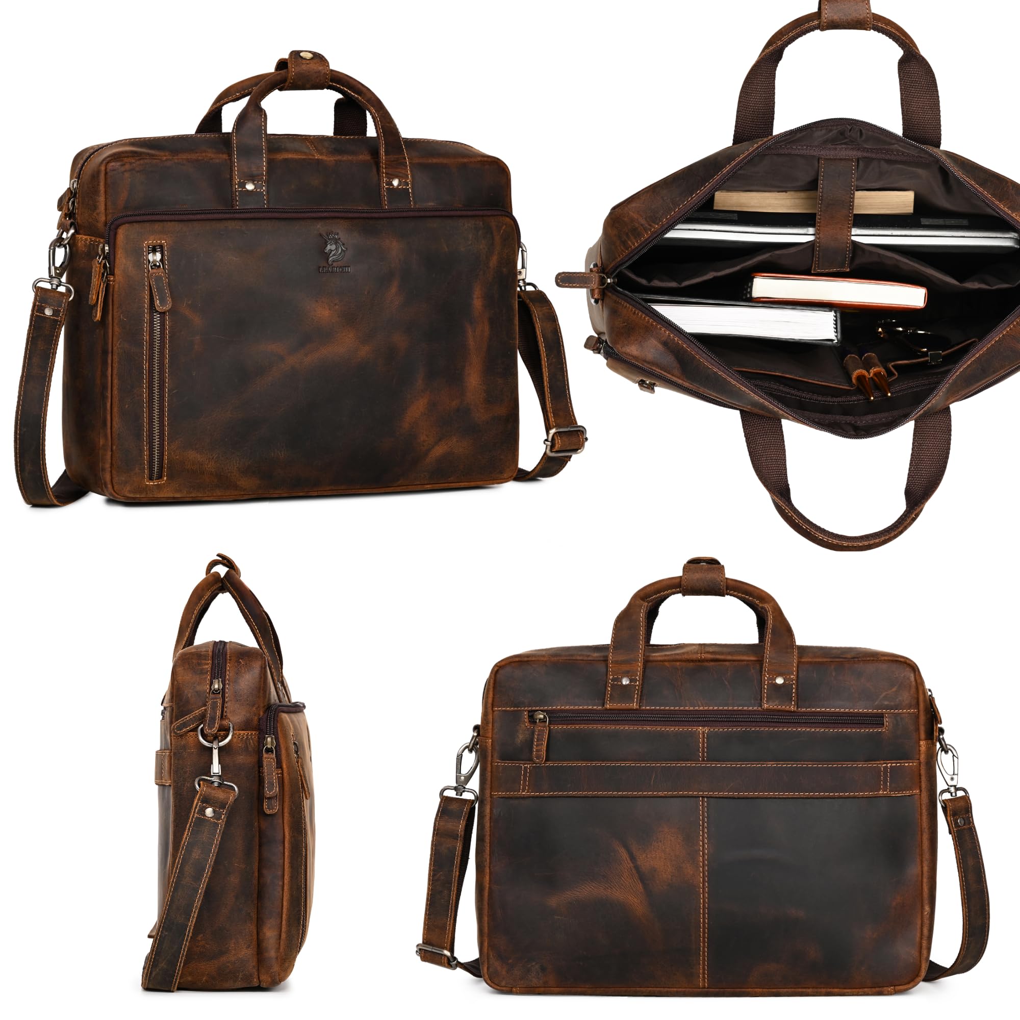 16 pulgadas Cazador hecho a mano Desesperado Cuero Portátil Hombro Maletín para Hombres Bolso Marrón Estilo Vintage Con Compartimento Acolchado Bolsillo Vertical