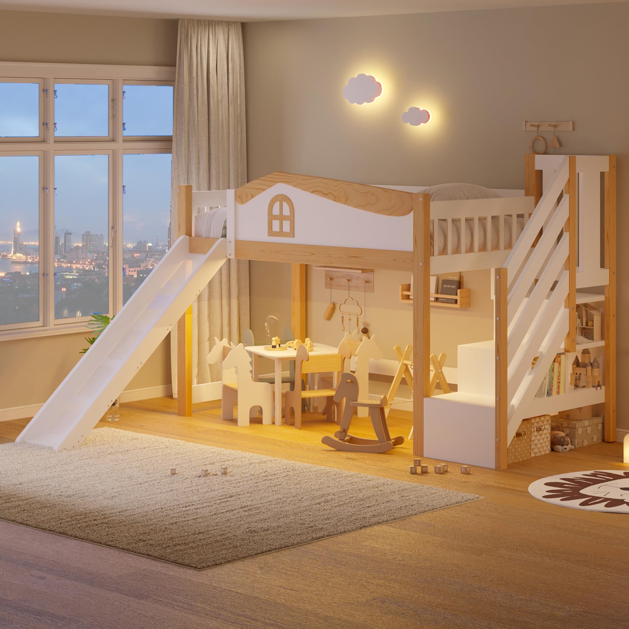 BTM Halbhohes Bett 90x200 Holz Hochbett mit Rutsche, Stauraum Treppe Kinderhochbett mit Rausfallschutz, Weiß + Natur