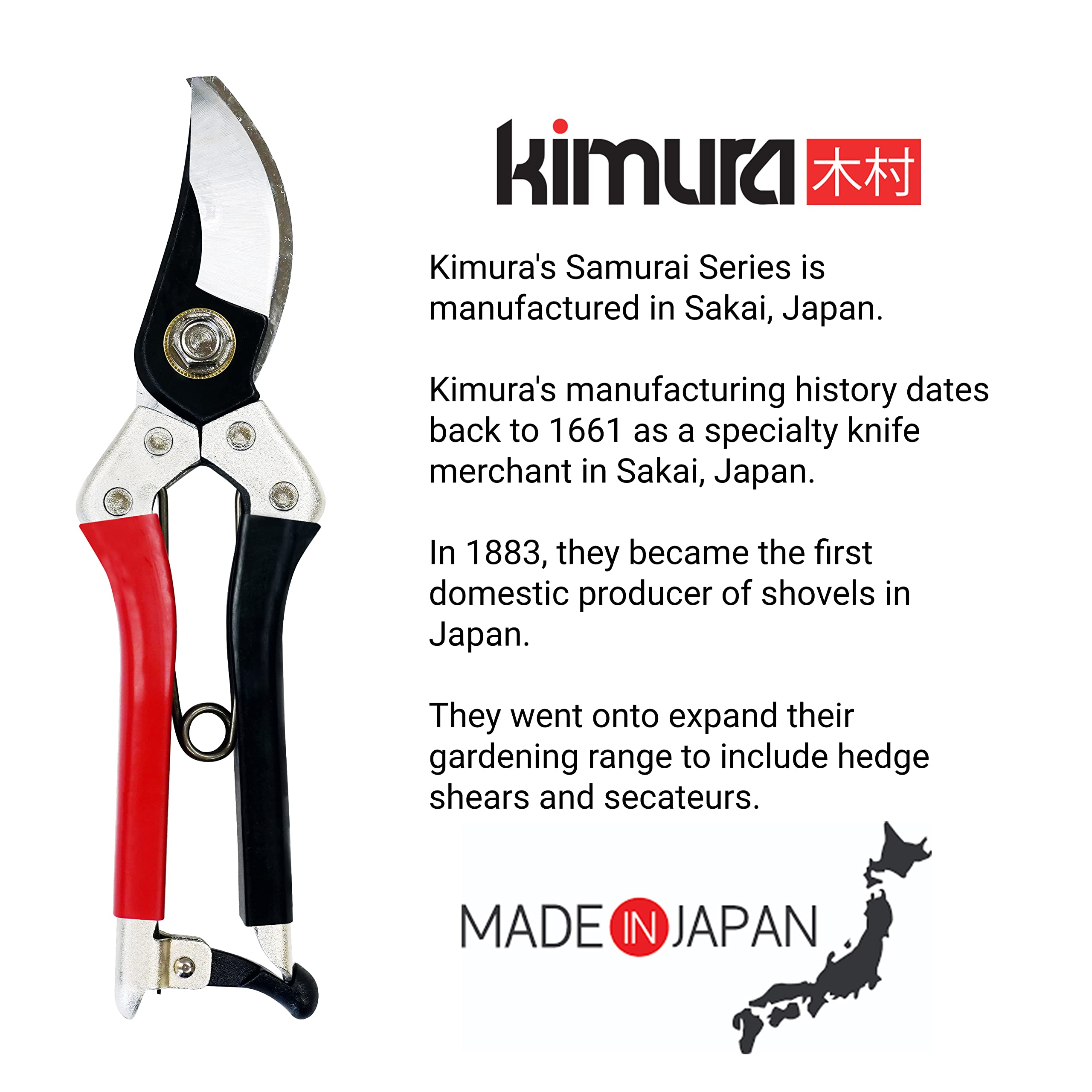 Kimura® Samurai-Gartenschere, 20,3 cm, hergestellt in Japan, robuste japanische Yasugi-Stahlklingen, rutschfeste Vinyl-beschichtete Griffe, leicht und ergonomisch, japanische Bypass-Gartenschere