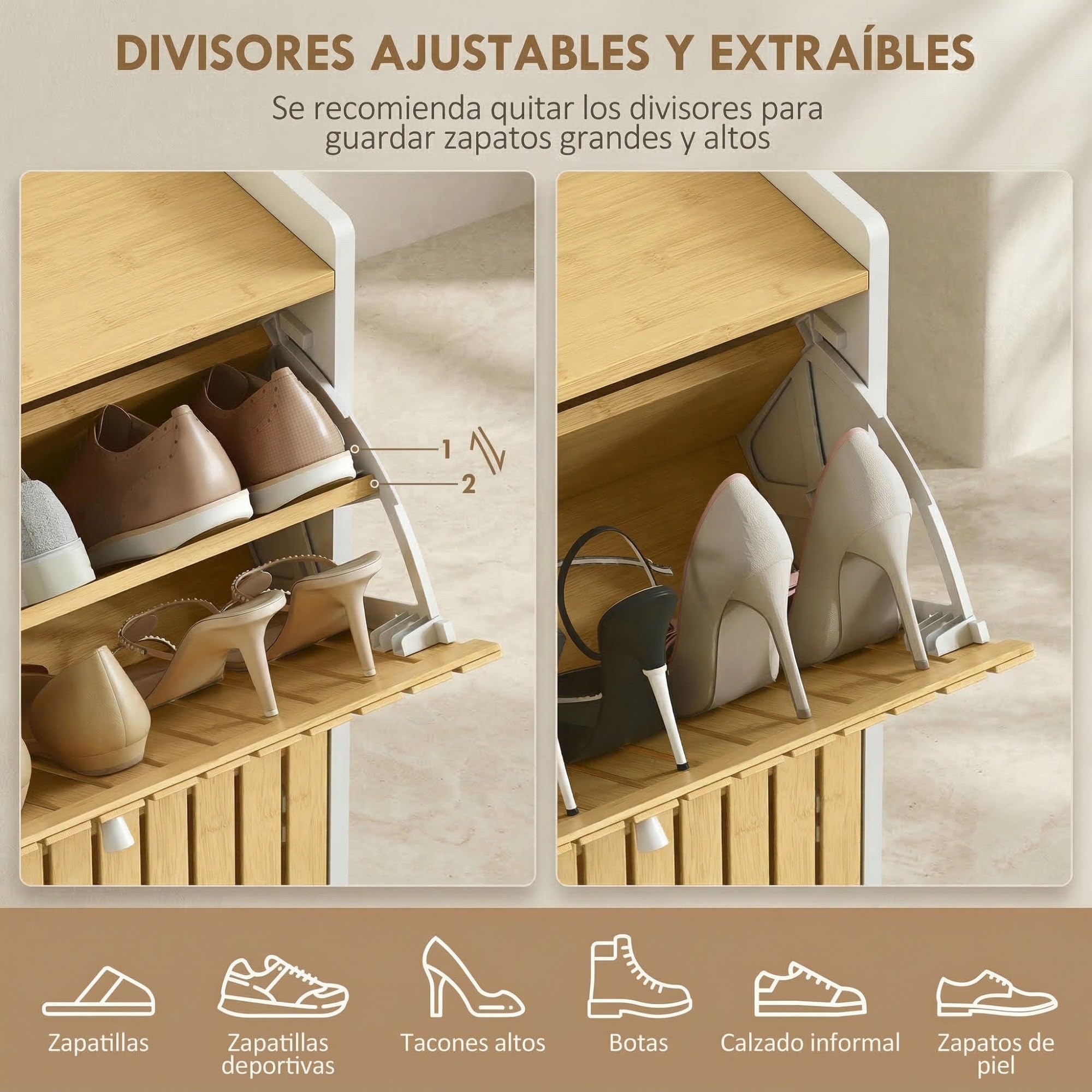 HOMCOM Zapatero Estrecho 2 Puertas de Bambú 60x24x82,5 cm Blanco y Natural | Listones, Zapatero Entrada Recibidor, Estantes Ajustables, 12 Pares de Zapatos