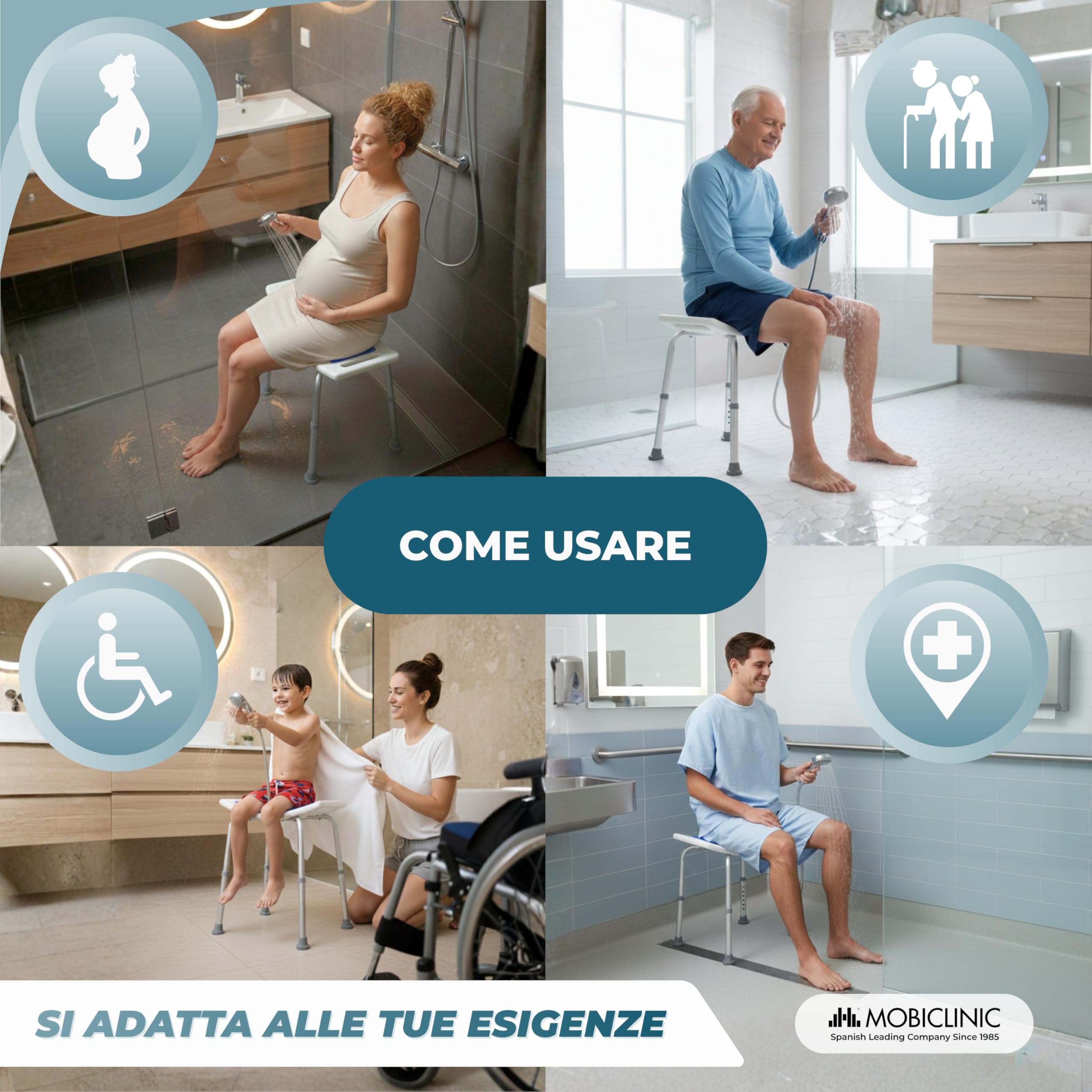 Mobiclinic®, Sgabello da Bagno, Altezza regolabile 42-57,5 cm, Seduta antiscivolo in EVA PAD, Leggero, Fori di Drenaggio, Puntali Antiscivolo, Design ergonomico curvo, Alluminio, Santana