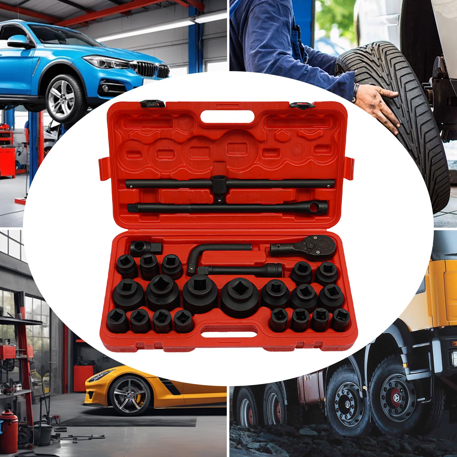 Jeu de douilles 3/4" et 1", Coffret Douilles À Choc Pouce 26 Pièces, Jeu Profondes 6 Pans 21-65Mm, Coffret à douilles pour voiture, Acier Carbone 45 Trempé, Mécanique Auto Camion Poids Lourd