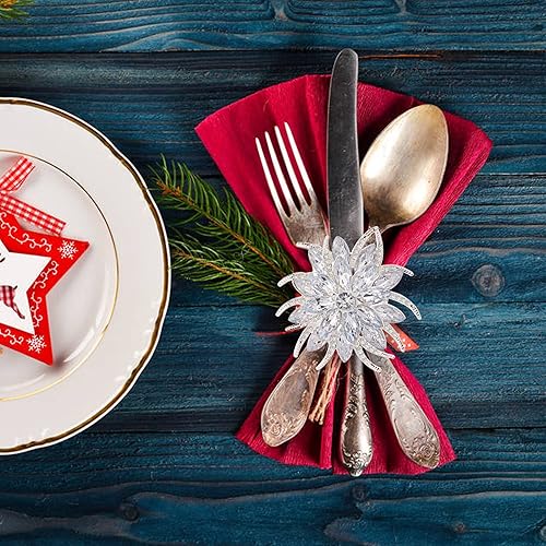 Miniatura 6 de ZeeDix Juego de 6 Servilleteros de Navidad con Flores, Servilletero de Plata Elegante con Rinstones de Loto, Hebilla para Servilletas para Boda,