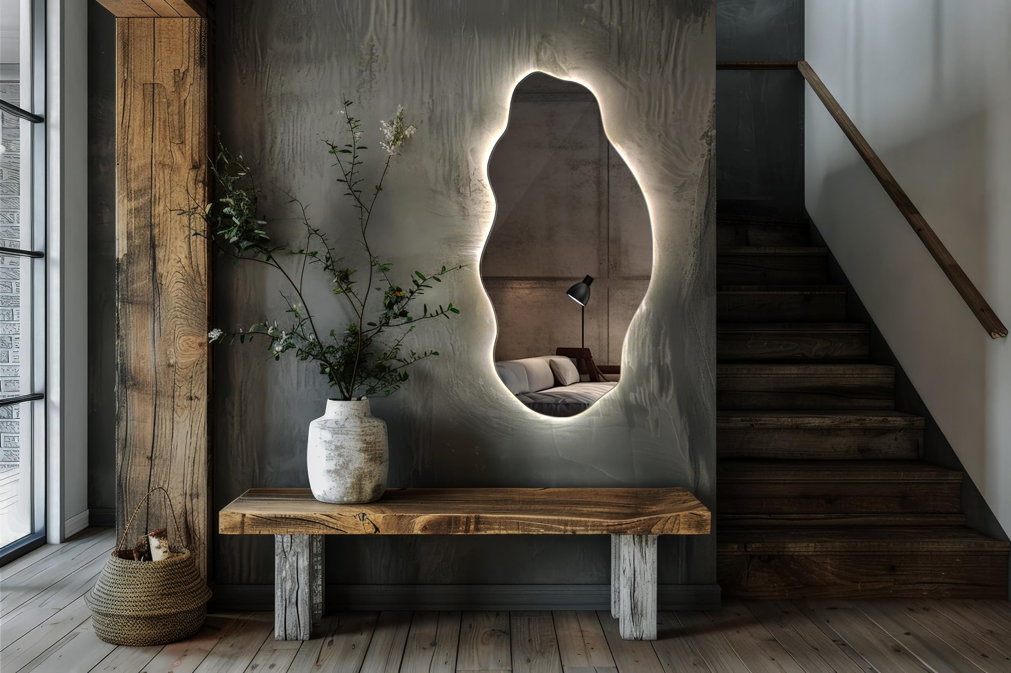 Tulup Specchio LED 50x100 cm Grande Moderno Irregolare Organico Asimmetrico Macchia per Bagno Soggiorno Verticale con illuminazione Luce neutra
