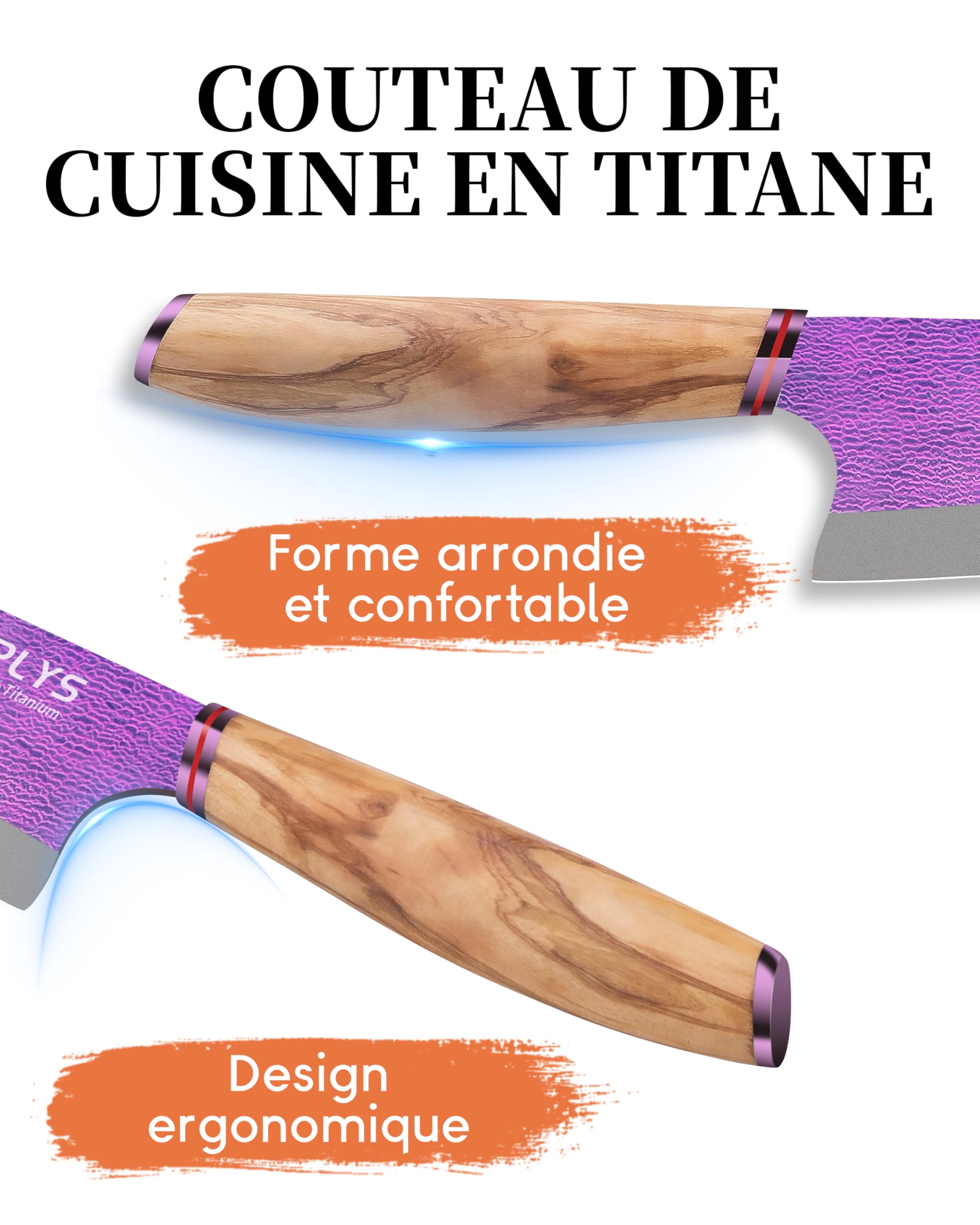 Plys Titane Couteau Chef Japonais Kiritsuke: Lame de 20,5 Cm, Tranchant Professionnel, Manche Ergonomique en Bois, MatéRiau en Titane Ultra-LéGer (Violet Aurore)