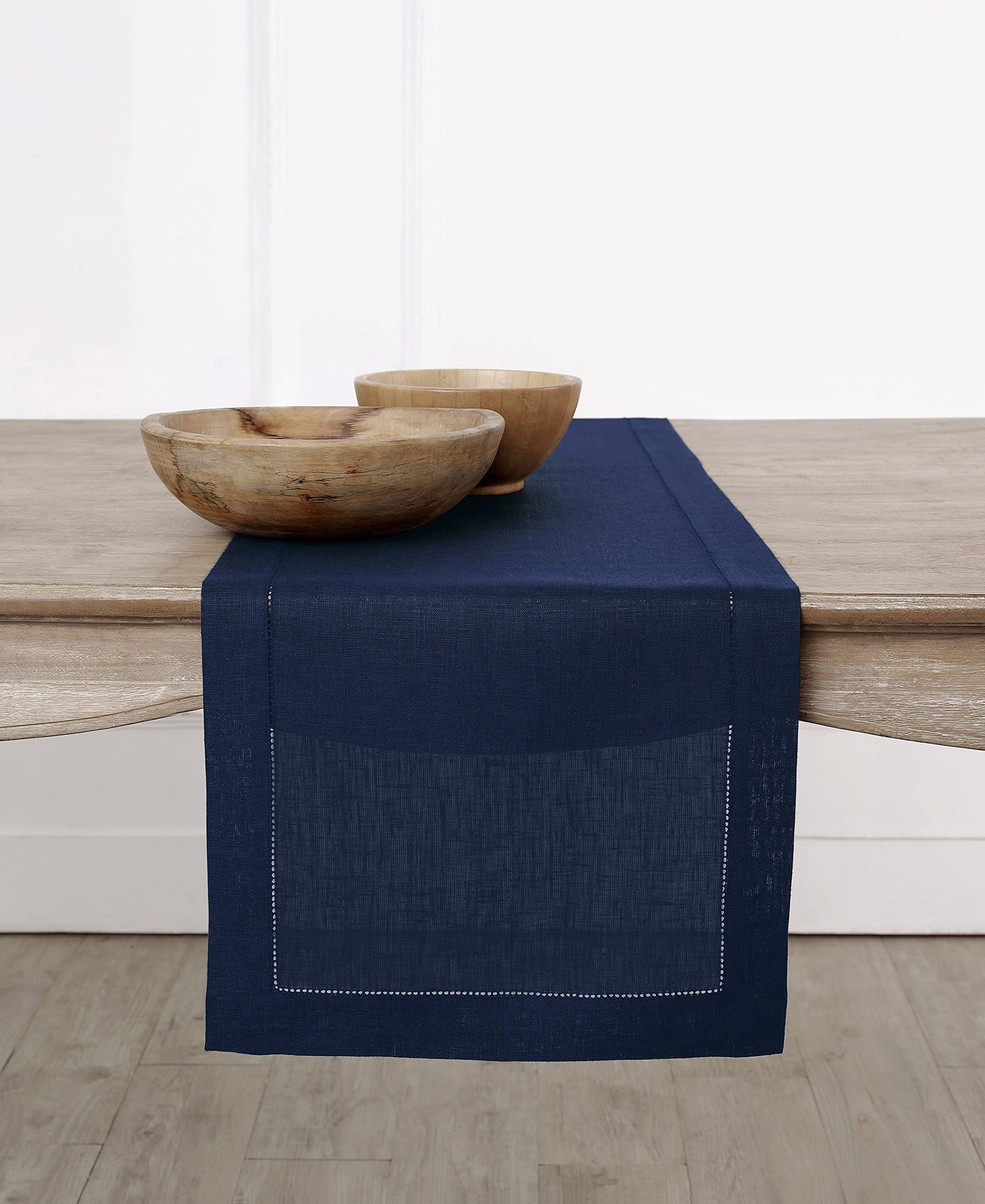 Solino Home Linen Table Runner 14 x 108 Inches Long – 100% Pure Linen Fabric Navy Table Runner – Classic Hemstitch Table Runner for Fall, Thanksgiving, Christmas – Handcrafted from European Flax