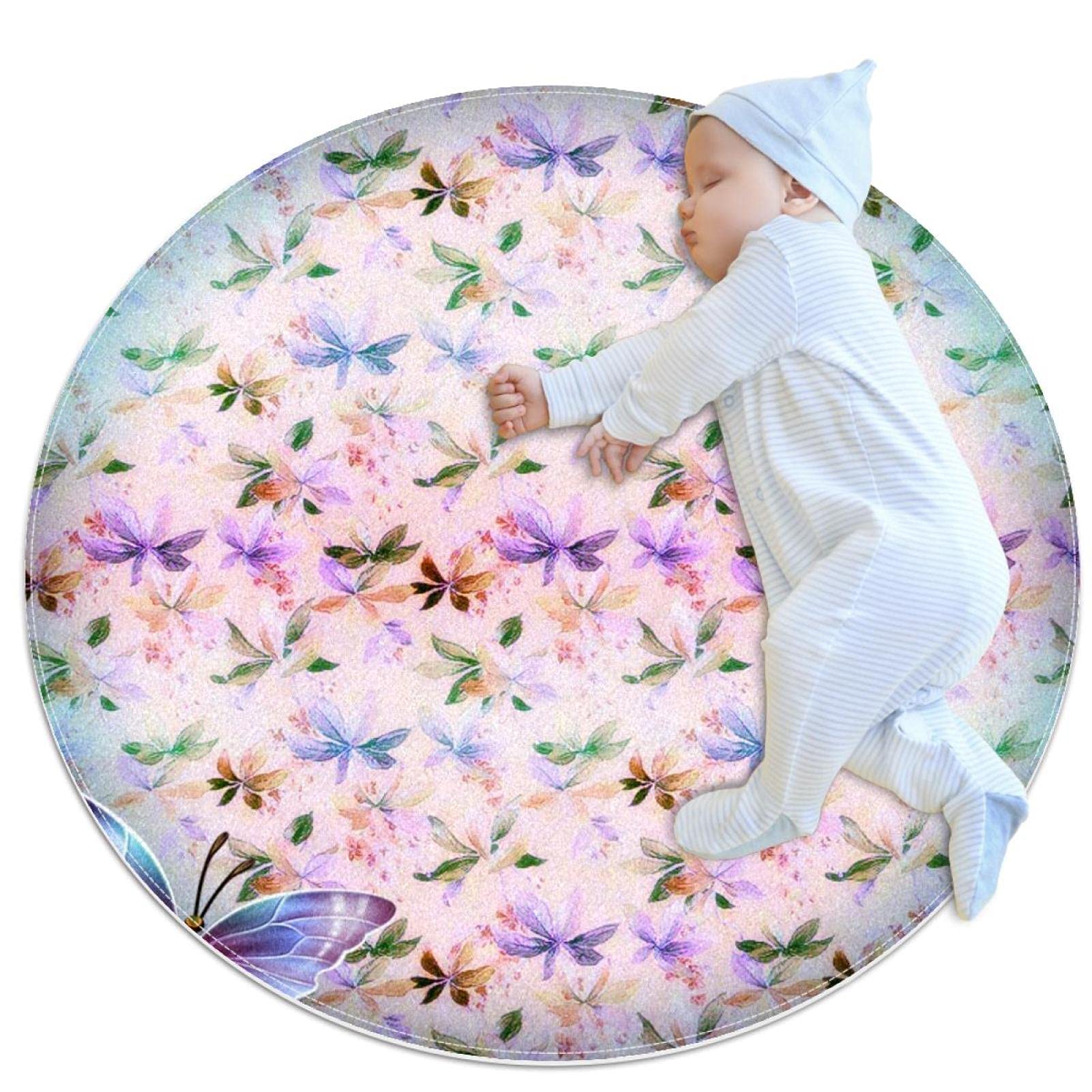 Tapis de salle de bain violet papillons rond 1m antidérapant chambre