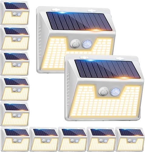 Miniatura 31 de Peasur Luces solares con sensor de movimiento para exteriores, paquete de 2 140 luces LED para valla, impermeable, marco blanco, iluminación de