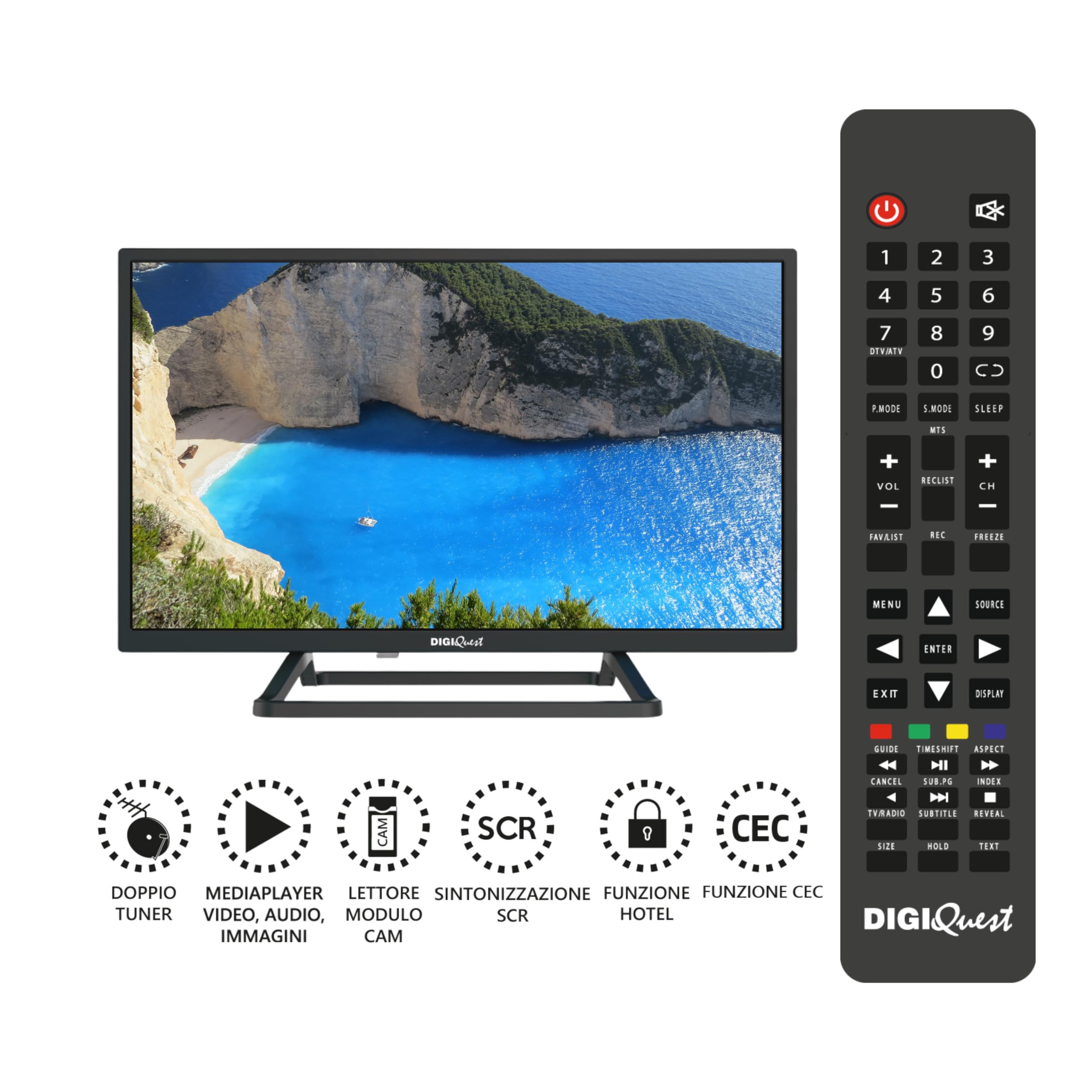 DIGIQUEST TV LED 24” DHLR, HD Ready | Certificato Tivùsat | Doppio tuner | Mediaplayer, Funzione CEC, base centrale | Ideale per Camper e Barche [classe di efficienza energetica E]