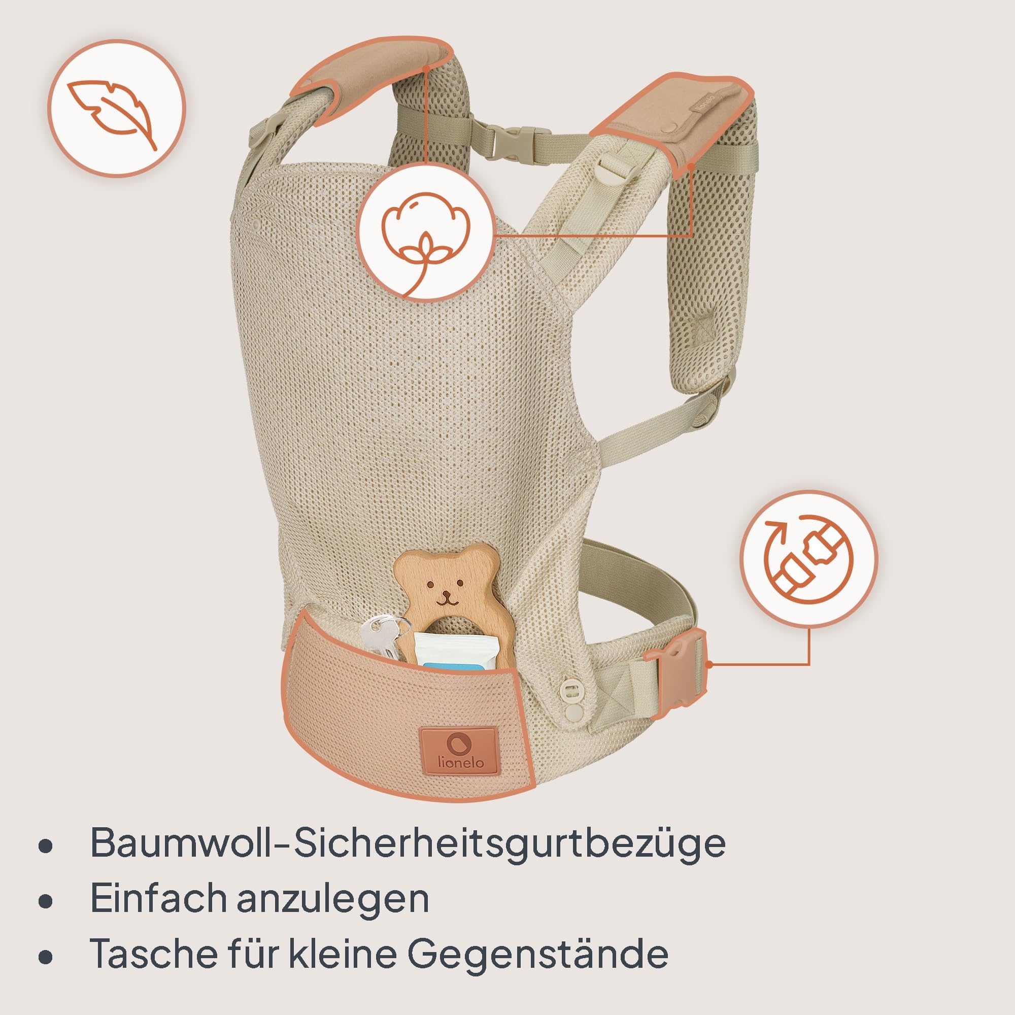 Lionelo Margareet Air Ergonomische Babytrage für Babys von 4 Monaten bis 20 kg, 3 Tragepositionen, atmungsaktives Material, abnehmbare Kapuze, doppelte Sicherheit