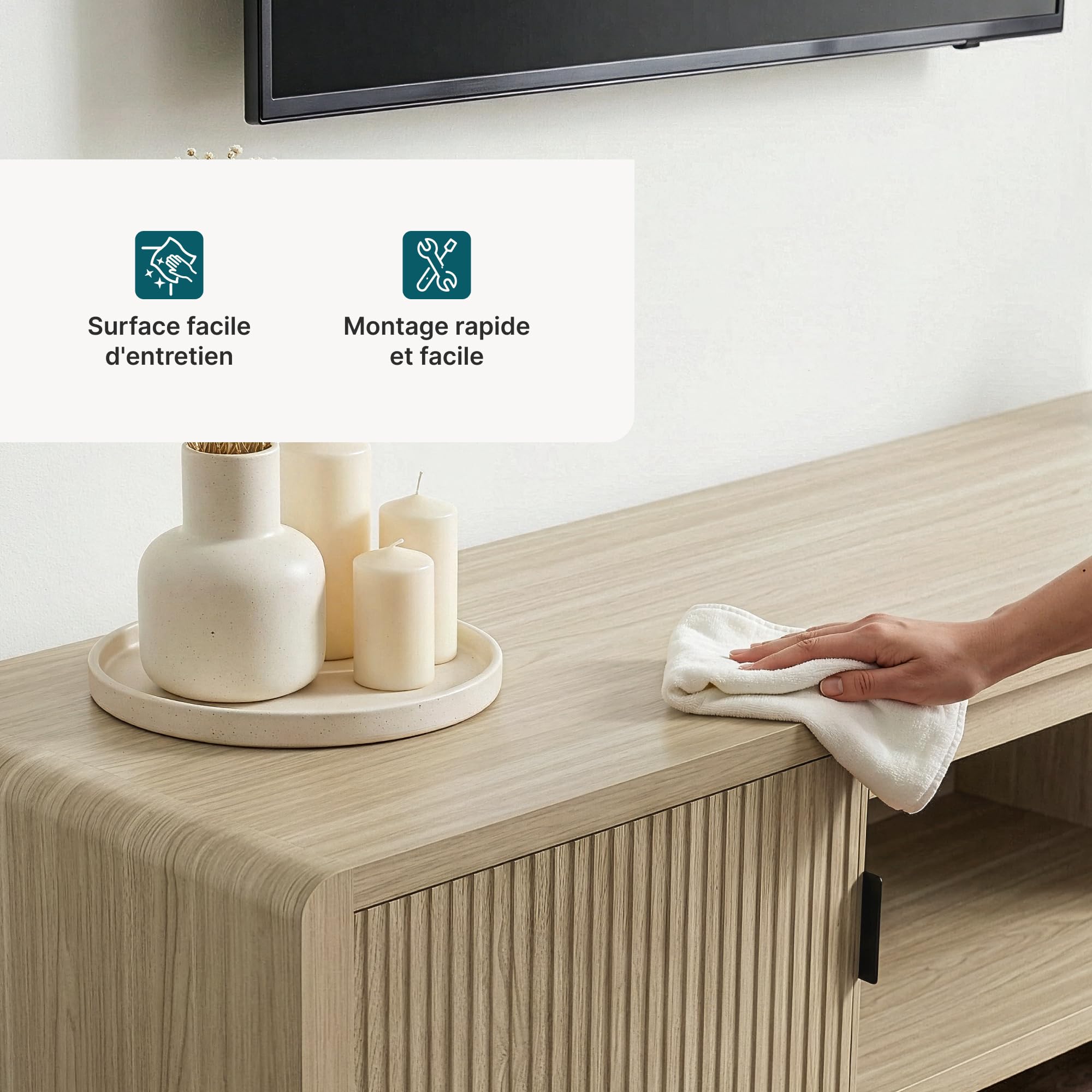 [en.casa] Meuble TV Support Télé avec 3 Compartiments de Rangement et 2 Portes Scandinave Passages de Câbles Salon Chambre Peu Encombrant Stable Élégant Moderne MDF 150 x 40 x 40 cm Effet Chêne