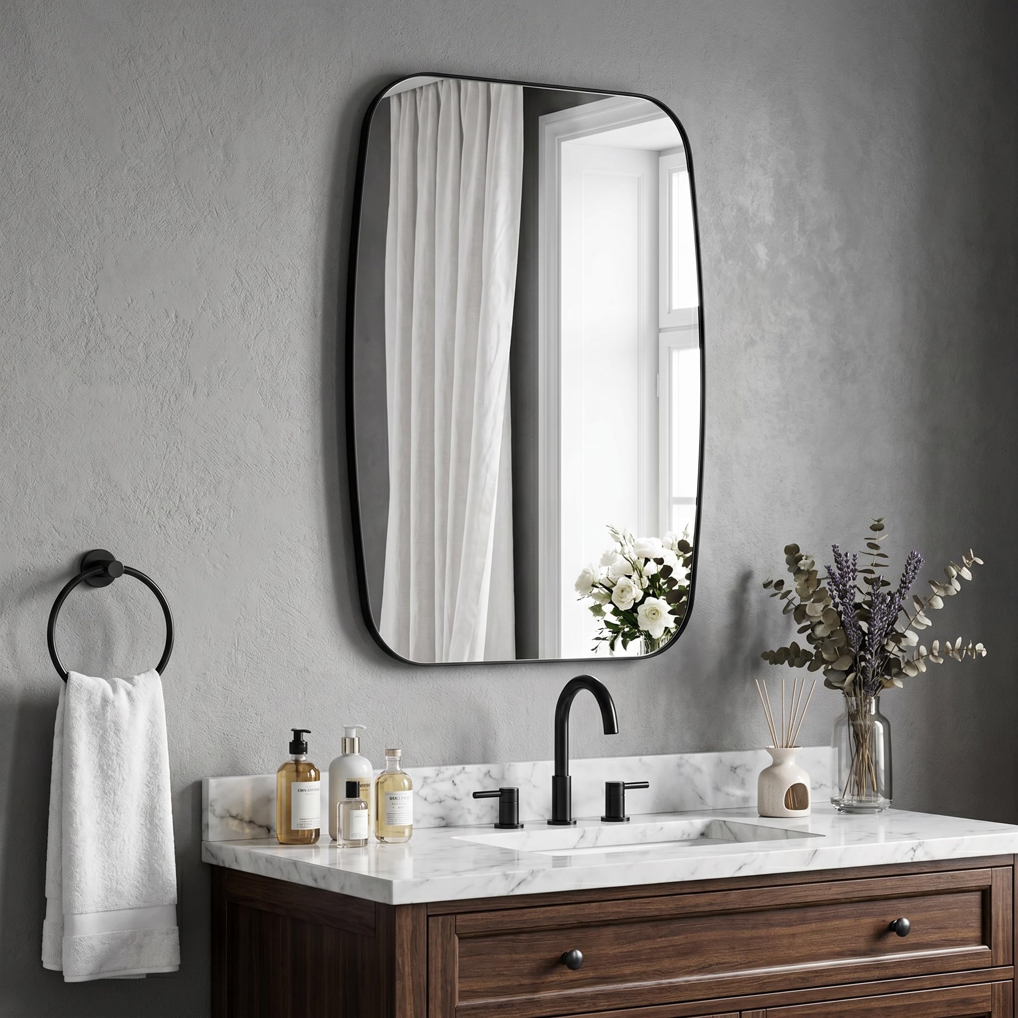 black oval mirror, 20"×30" bathroom mirror for wall vanity with stainless steel metal 0.8" thin frame, oblong bathrrom mirror modern anti rust