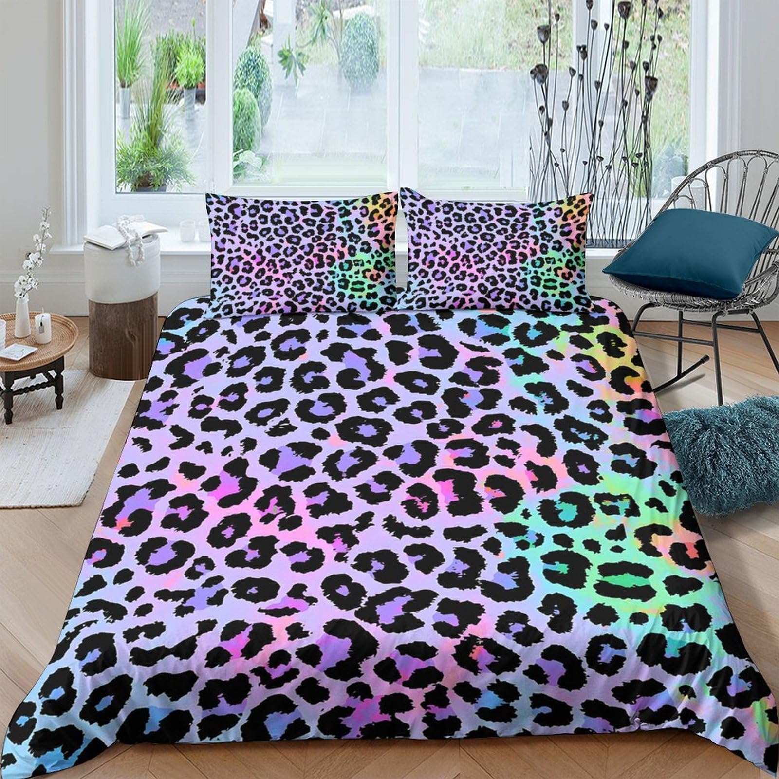 GPLZQXKJNH 3D Printed Rainbow Leopard Duvet Cover Microfiber Soft Breathable Animal Print Bedding Set with 2 Pillowcases for Bedroom Decor Single（135x200cm）