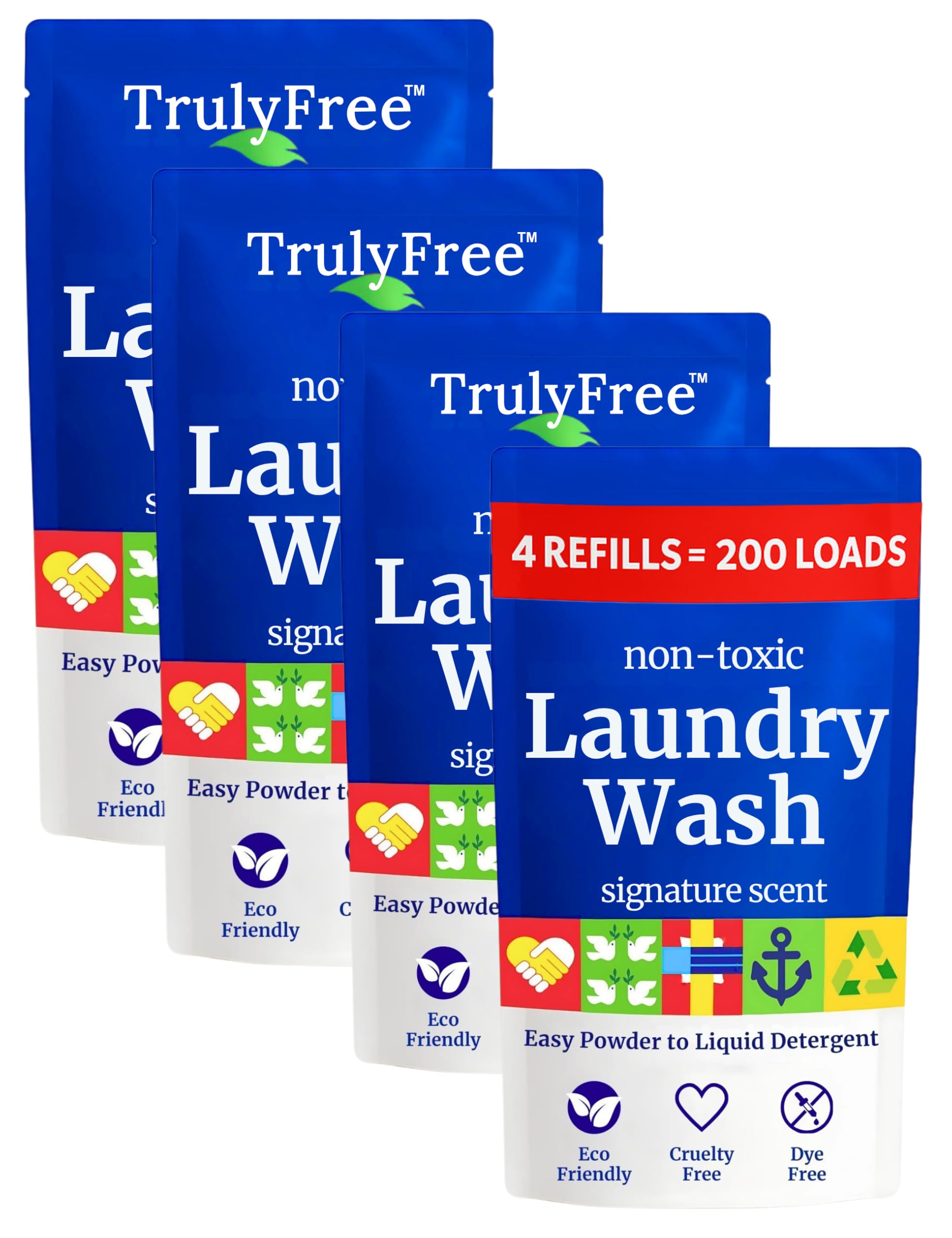 Truly Free Natural Laundry Detergent for Sensitive Skin | Eco Friendly, Plant Based, Baby Clothes Safe | Clean & Easy Powder to Liquid, 4 Pack Refill Detergent, NO Jug | Signature Scent, 200 Loads