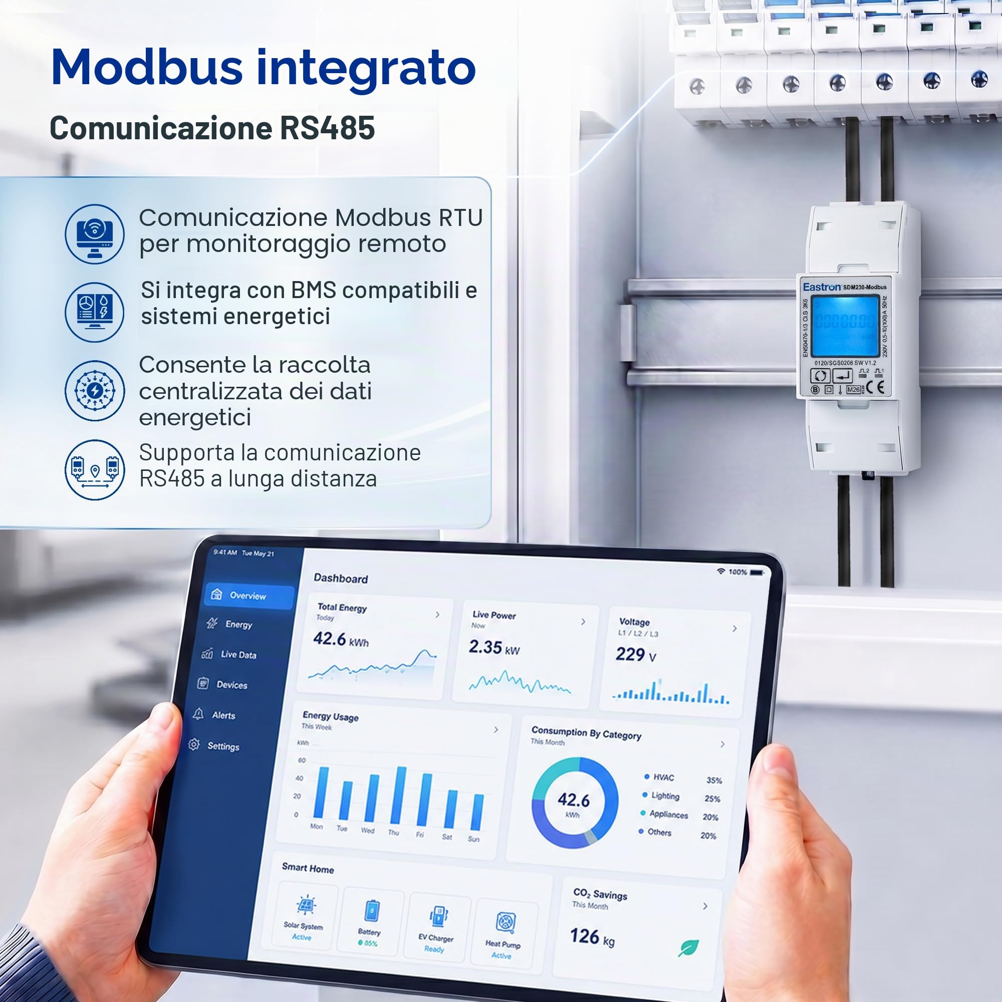 SDM230 Modbus V2 RS485 monofase, misuratore di energia, su guida DIN da 100 Amp kWh, misuratore di impulsi, modbus RS485 RTU. display LCD retroilluminato digitale. certificato MID