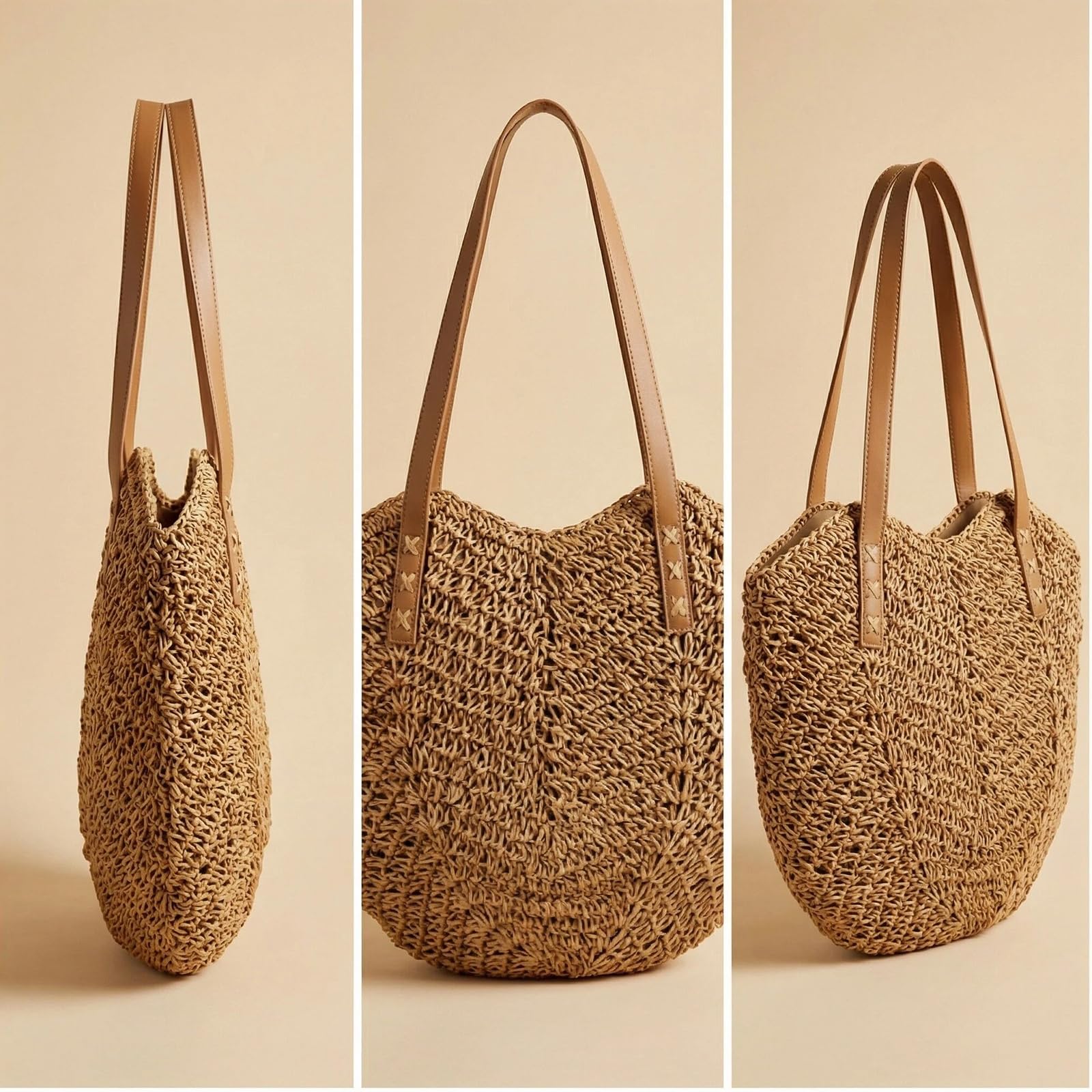 Borsa da Spiaggia Grande, Borsa a Mano in Paglia con Cerniera e Cinturino, Spiaggia in Stile Bohémien Estivo, Borsetta Donna di Vacanza Casual, Adatta per Viaggi in Vacanze