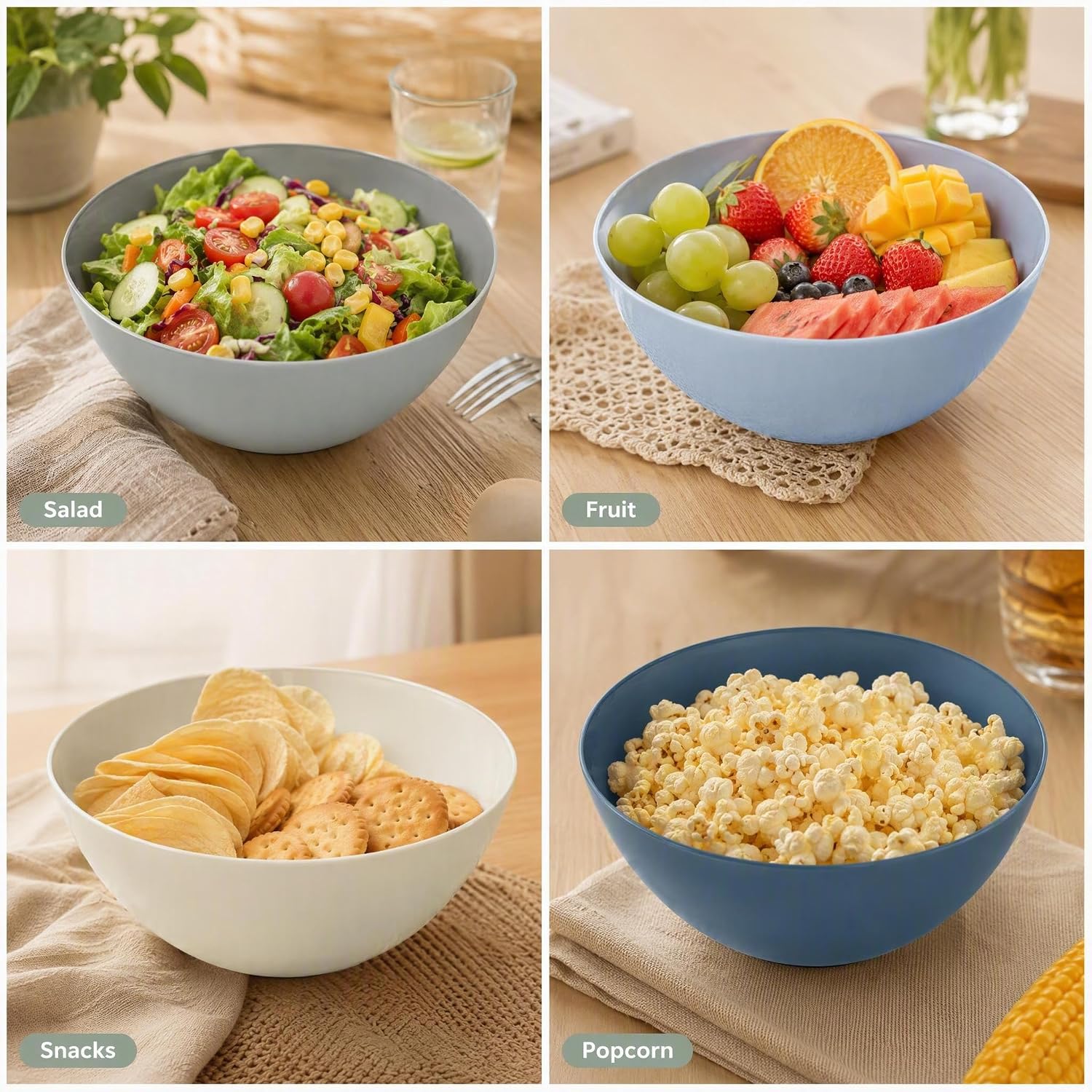 Layron Large Serving Bowls and Salad Bowls Set for Kitchen and Party,Plastic Mixing Bowls,4 Pack 9.84 Inch,Lightwight BPA Free Microwave Safe Food Perp Bowls for Daily Use-blue