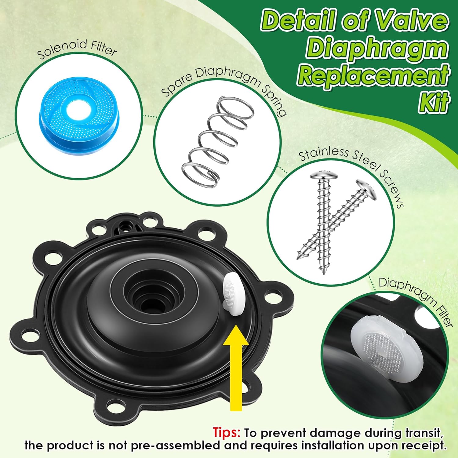 Diaphragm Repair Kit Compatible with DRKCP/CPF, Valve Diaphragm Replacement Compatible with Rain Bird CP, CPF, DV, DAS, ASVF, with included Filter, Solenoid Filter, Screw, Spring(8 Pack)