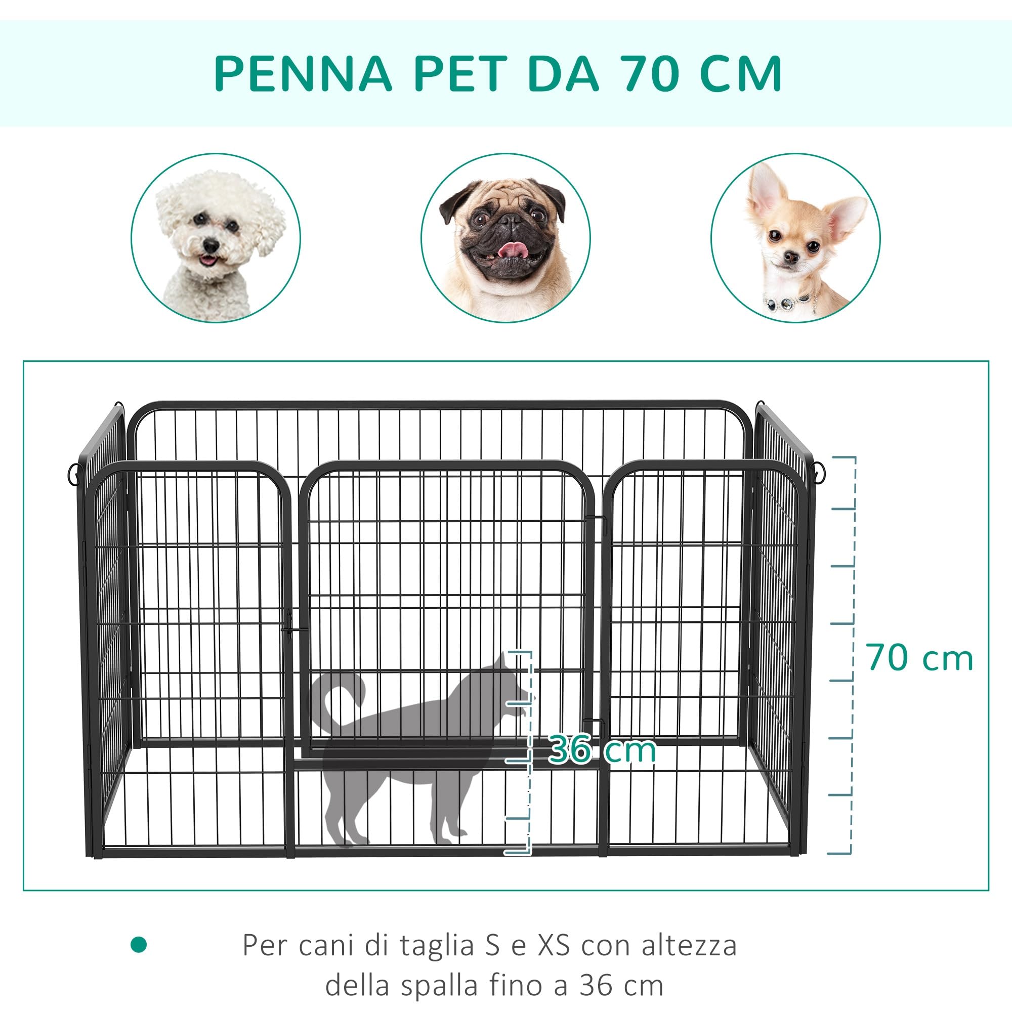 PawHut Recinto per Cani di Piccoli Taglia da Interno ed Esterno, Recinzione per Animali Domestici con Rete 6 pz in Acciaio e Metallo, 125x80x70 cm, Nero