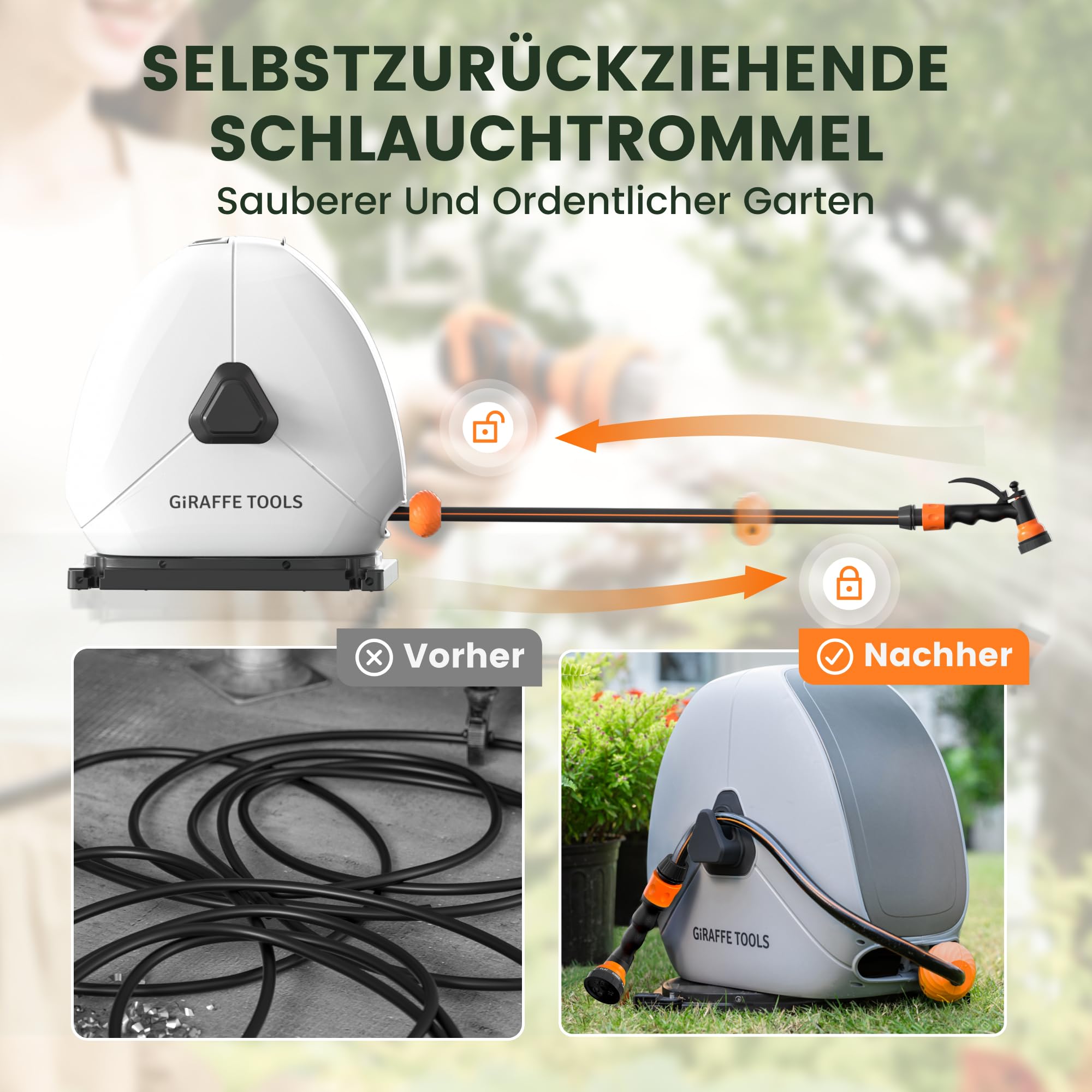 Giraffe Tools Ausziehbare Schlauchtrommel mit 40 m, robuste Bodenmontage, Gartenschlauchtrommel, mit 7-Funktions-Sprühdüse und 360° flexiblem Drehsockel