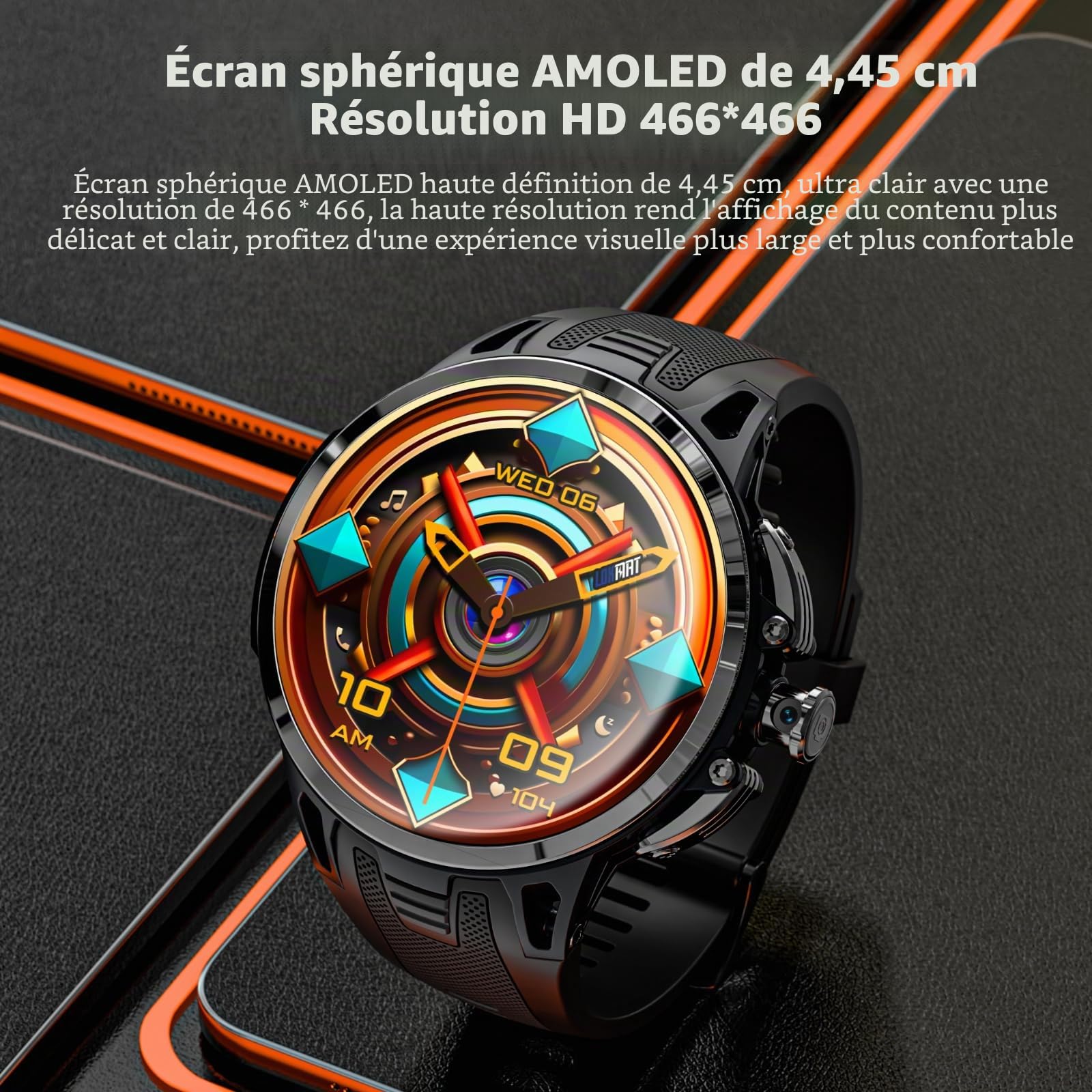 LOKMAT Montre intelligente Android 4G, écran AMOLED 1,75" 3 Go + 32 Go, tracker d'activité de sport, montre intelligente pour hommes et femmes, avec fente pour carte SIM, caméra rotative, GPS, NFC
