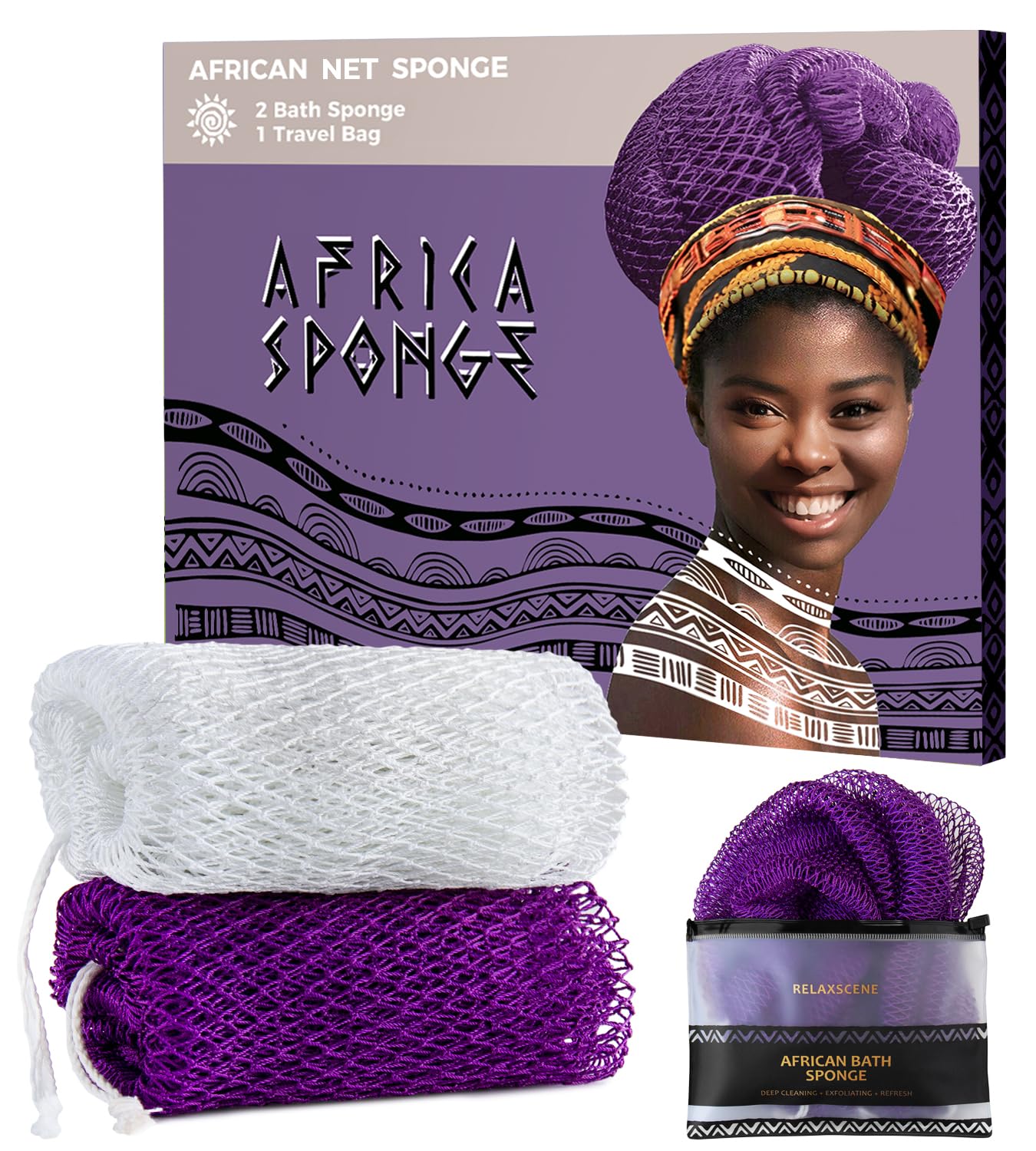 African Net Sponge Authentic - 2 Pieces Exfoliating Body Scrubber Bath Sponge - Back Scrubber Washcloth for Shower White&Purple - Real African Scrub Exfoliator Body Care Bathing Accessorie