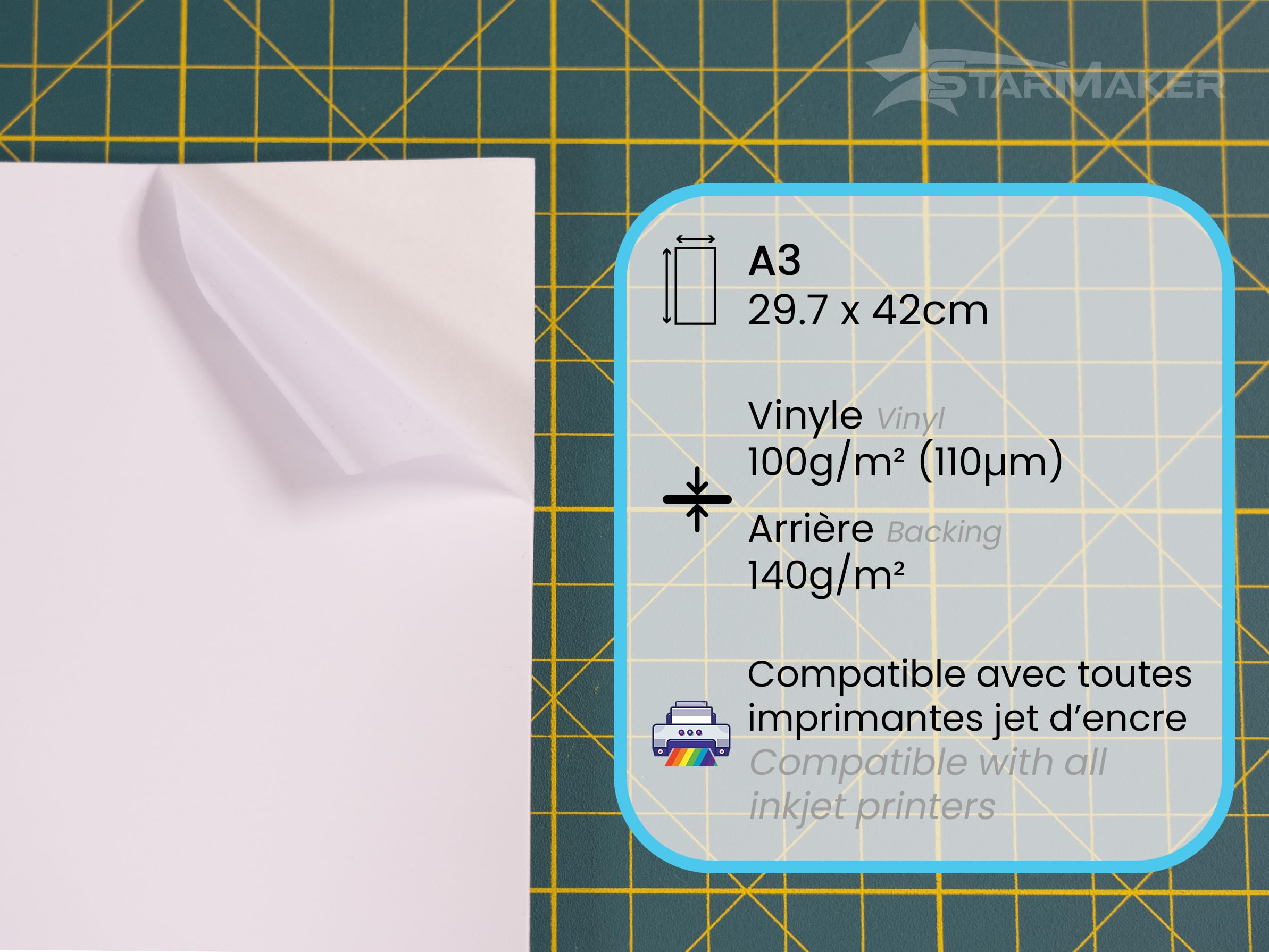A3 x 50 arkuszy błyszcząca naklejka winylowa z plastikową wkładką | Wodoodporny i wytrzymały papier samoprzylepny do druku atramentowego do naklejek premium