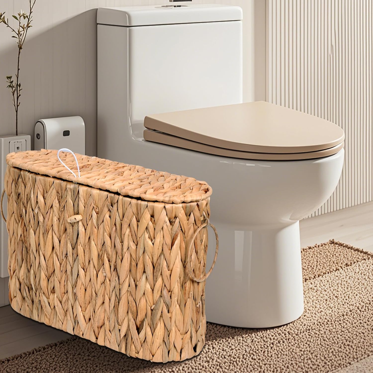Toilet Paper Storage Basket with Lid - Slim Water Hyacinth Toilet Paper Holder, Holds Up to 6 Mega Rolls, Handwoven Wicker Bathroom Organizer, Natural Rattan Coastal Bathroom Decor
