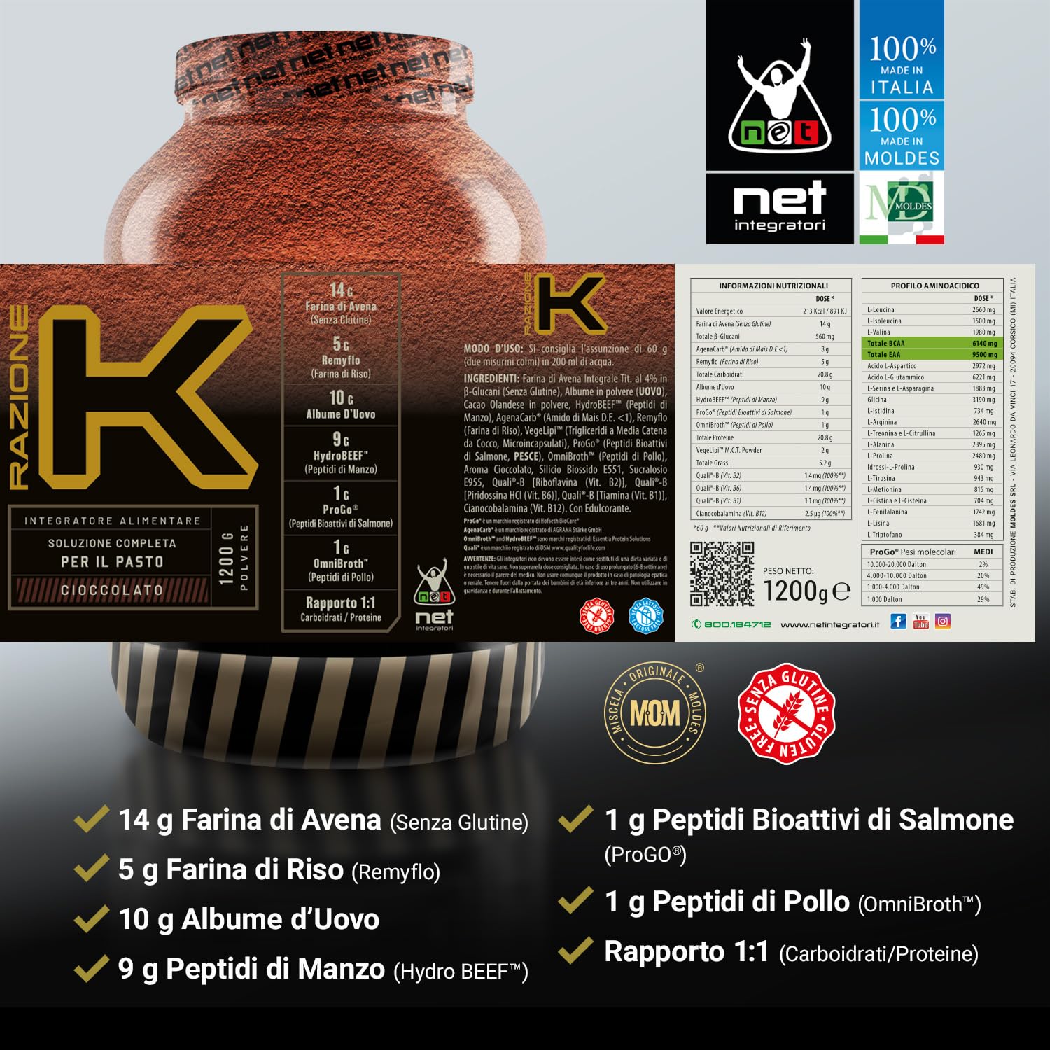 Net Integratori RAZIONE K - 1200g Cioccolato - Soluzione Completa Proteine e Carboidrati in rapporto 1:1 - Ricco di BCAA e EAA Aminoacidi Essenziali per lo Sviluppo di Massa Muscolare