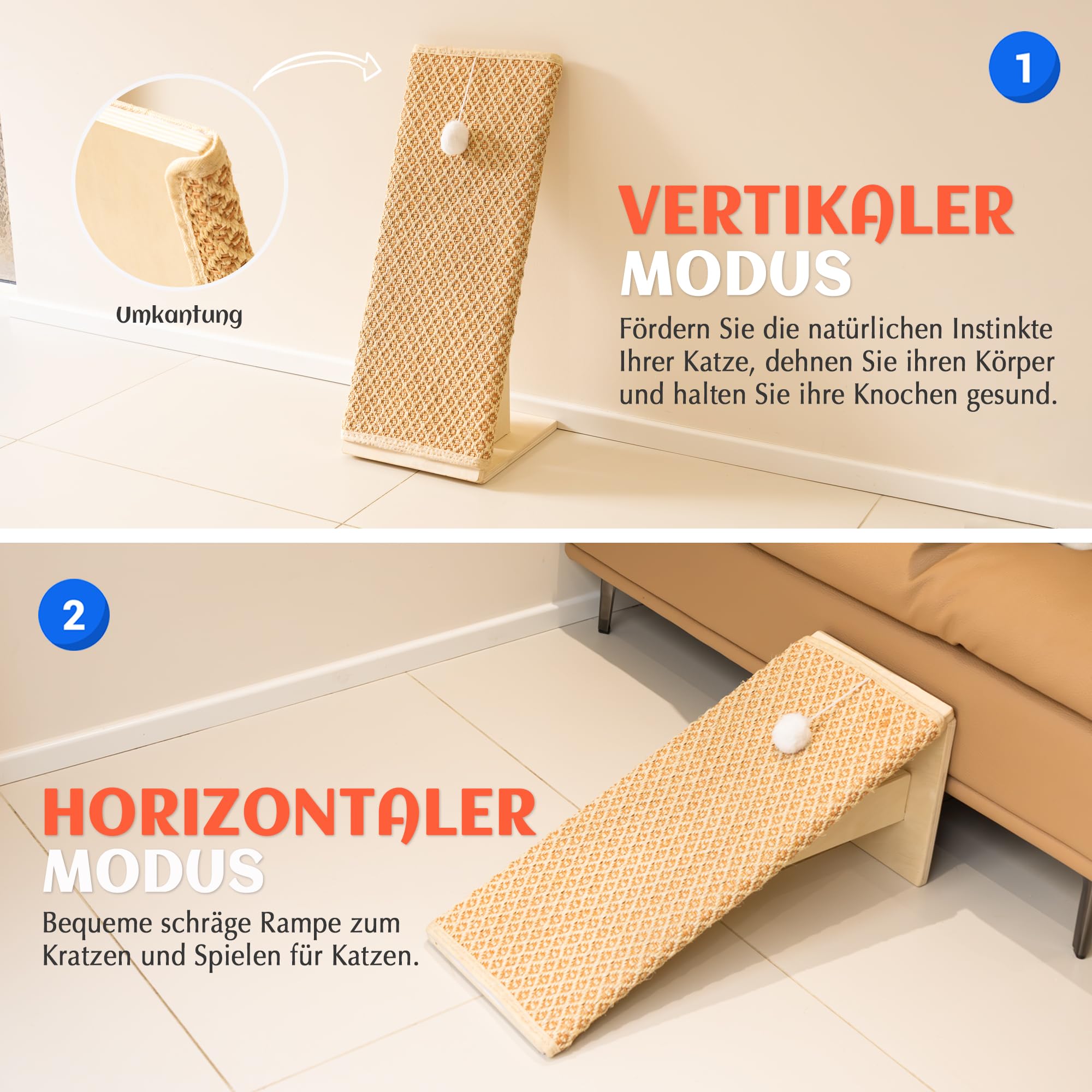 PETKARAY Kratzbrett Katze, 65 cm Kratzsäule aus natürlichem Sisal mit Rampe, stabiles L-förmiges Katzen-Kratzmöbel zum Schutz von Möbeln, Kratzbrett für Wohnungskatzen