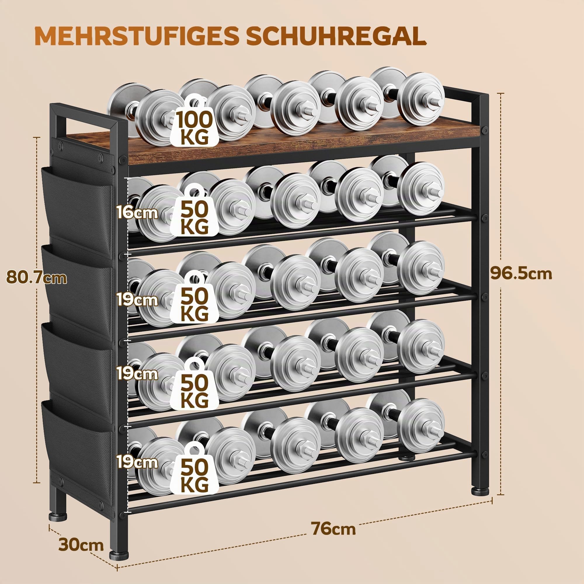 Schuhregal platzsparend 5 Ebenen für 16-20 Paar, Schuhschrank schmal mit Seitentaschen, Metall-Holz Schuhablage, für Eingangsbereich, Flur, Wohnheim, 30 x 76 x 96.5 cm, Vintagebraun-schwarz