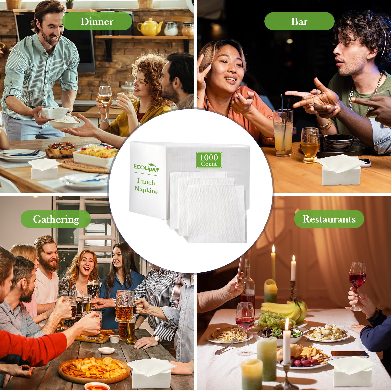 ECOLipak Servilletas de almuerzo a granel, 1000 servilletas de papel para uso diario, plegadas de 4.9 x 4.9 pulgadas, 2 capas suaves y absorbentes para cenas, reuniones, bares, restaurantes (9.8 x 9.8