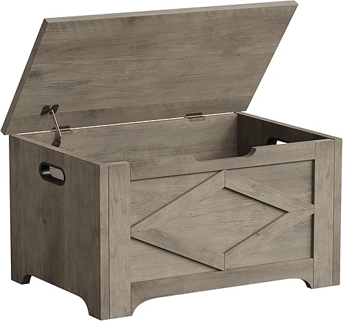 Vista 10 de GAOMON Baúl de almacenamiento, banco de almacenamiento con bisagra de seguridad, baúl de madera estilo granja para entrada, dormitorio, sala de Negro