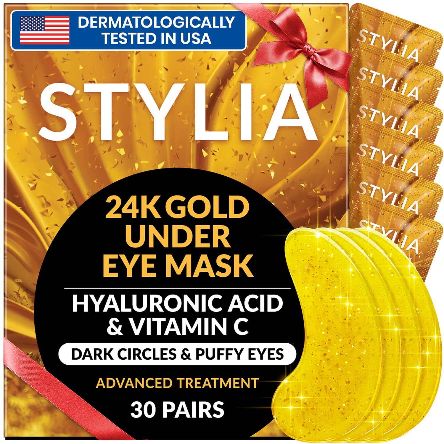 Stylia Under Eye Patches for Dark Circles and Puffy Eyes (30 Pairs) - 24k Gold Under Eye Mask with Vitamin C, Hyaluronic Acid, Pearl Extract - Eye Masks for Dark Circles and Puffiness