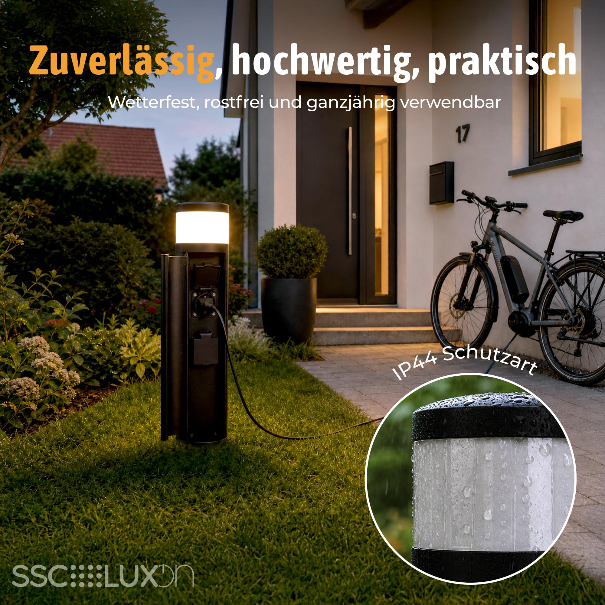 SSC-LUXon PALISO Energiesäule Garten mit Licht und 2 Steckdosen outdoor - schwarze Pollerleuchte außen led IP44 inkl. G9 3W warmweiß