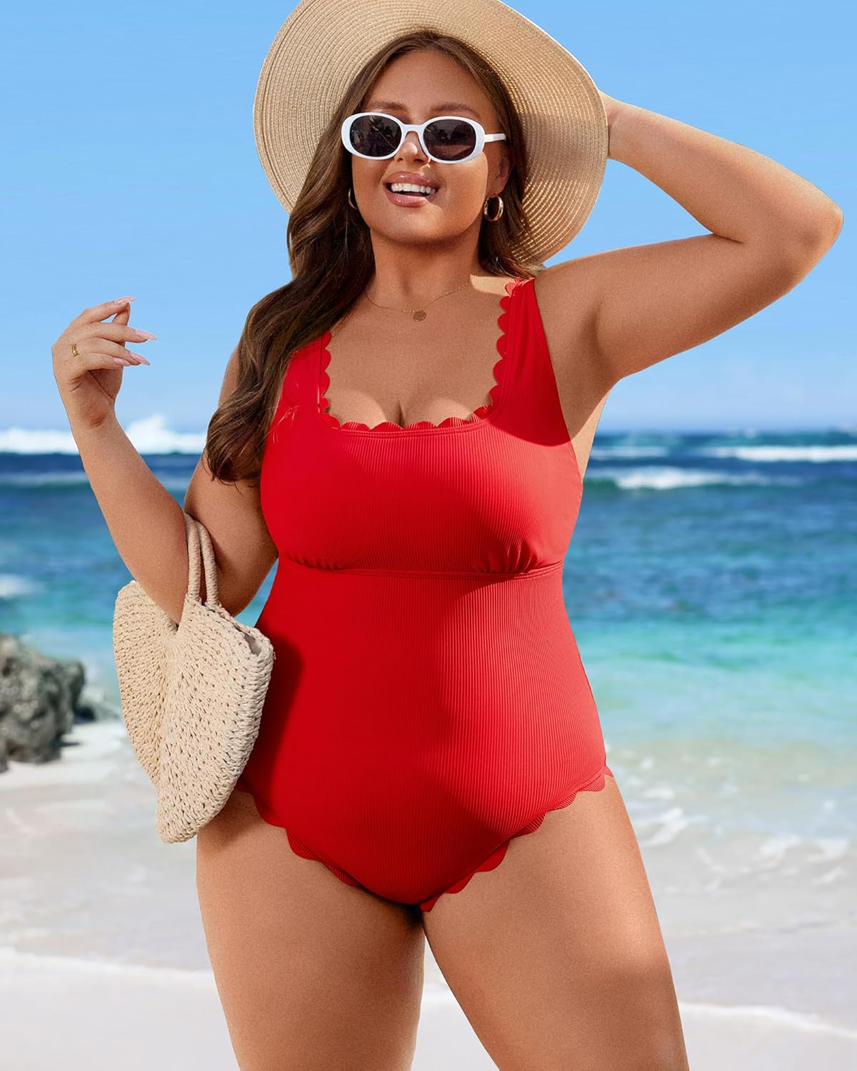 Charmo Womens Scalloped Ribbed One Piece Swimsuits Retro Square Neck Modest Bathing Suits - Image 8