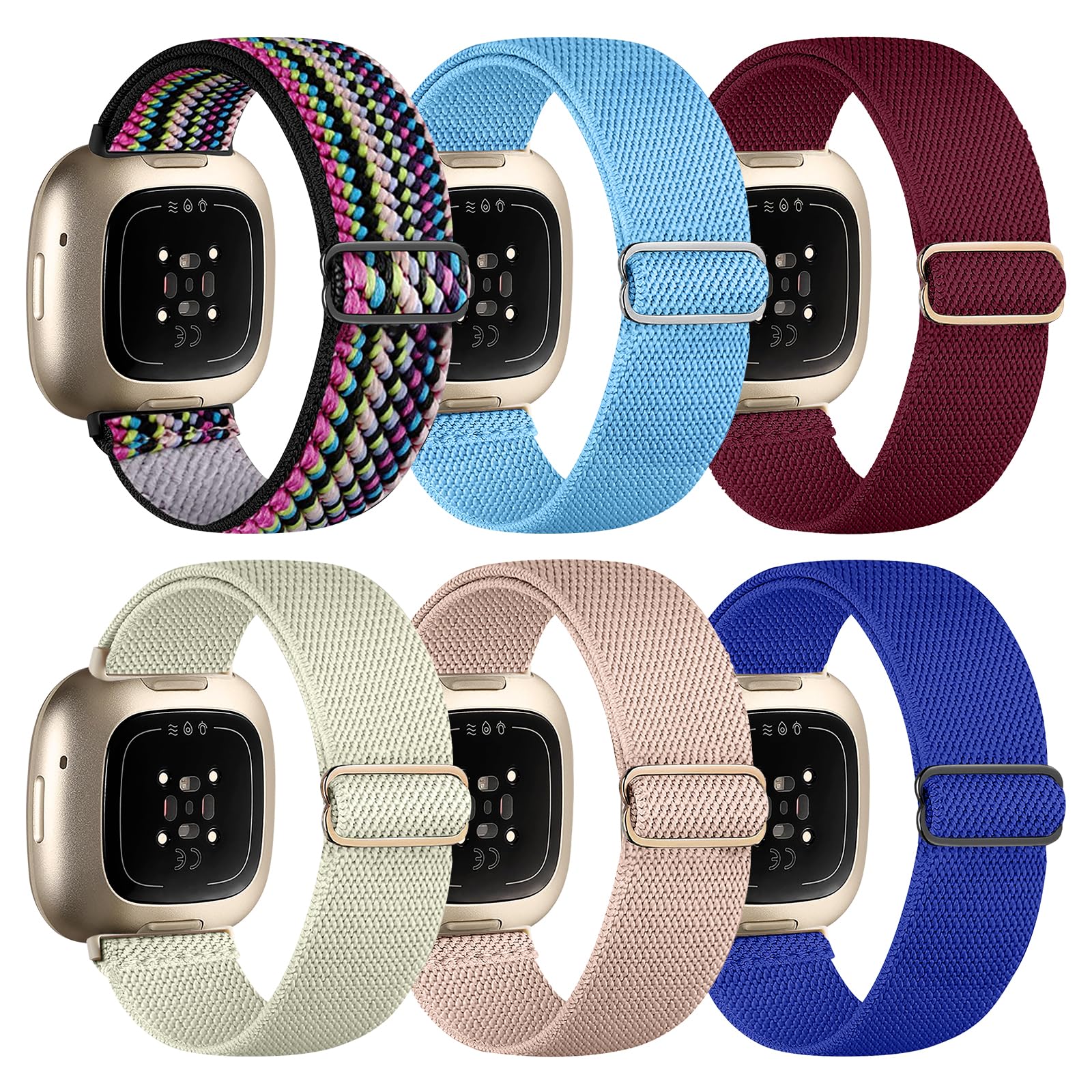 Chinbersky 6 Pack Armband Kompatibel mit Fitbit Versa 3 Armband/Fitbit Versa 4 Armband/Fitbit Sense Armband Damen Herren, Verstellbares Dehnen Nylon Sport band für Fitbit Versa 4/Versa 3/Sense 2/Sense