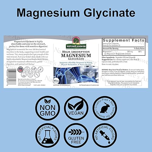 Miniatura 2 de Nature's Answer Glicinato de magnesio 360 mg, 90 cápsulas vegetales Quelato de glicinato de magnesio altamente absorbible para apoyo muscular,