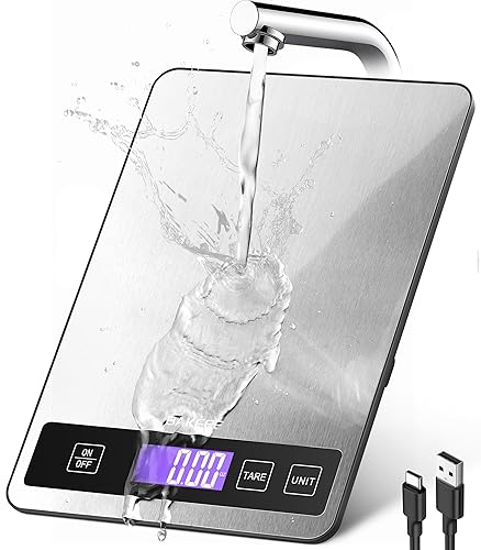 Báscula de alimentos, báscula de cocina, 15 kg33 lb, acero inoxidable resistente a salpicaduras, pantalla LCD de vista completa, diseño compacto y