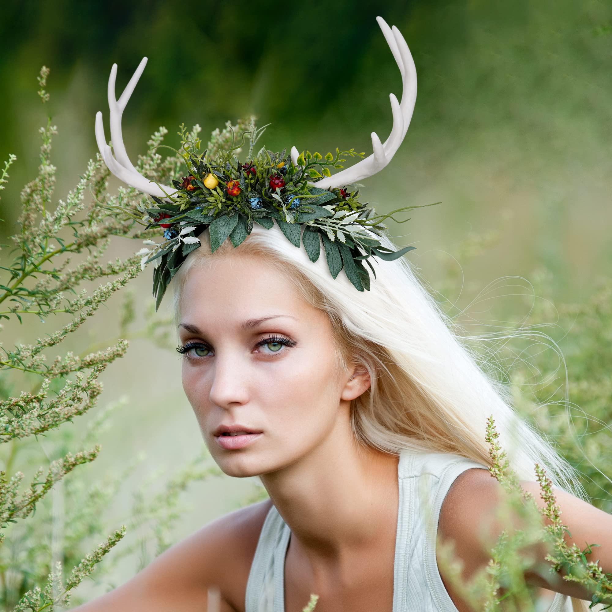MOSTORY Antler Headband for Fairy Costume Women Green Woodland Flower Crown with Leaf and Flower for Wedding Prom Cosplay Renaissance Halloween - Image 3