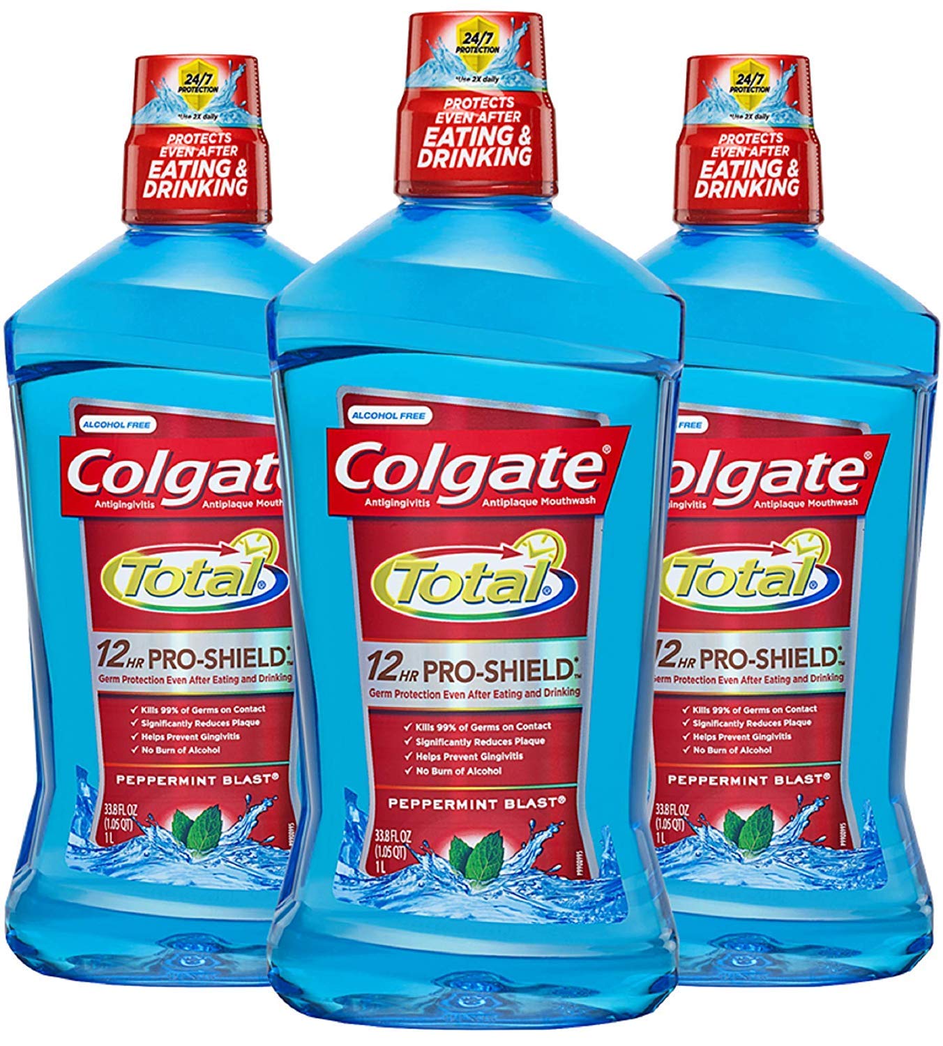 Colgate Total Mouthwash, Alcohol Free Mouthwash, Peppermint, 33.8 Ounce, (Pack of 3) 33.8 Fl Oz (Pack of 3) Peppermint