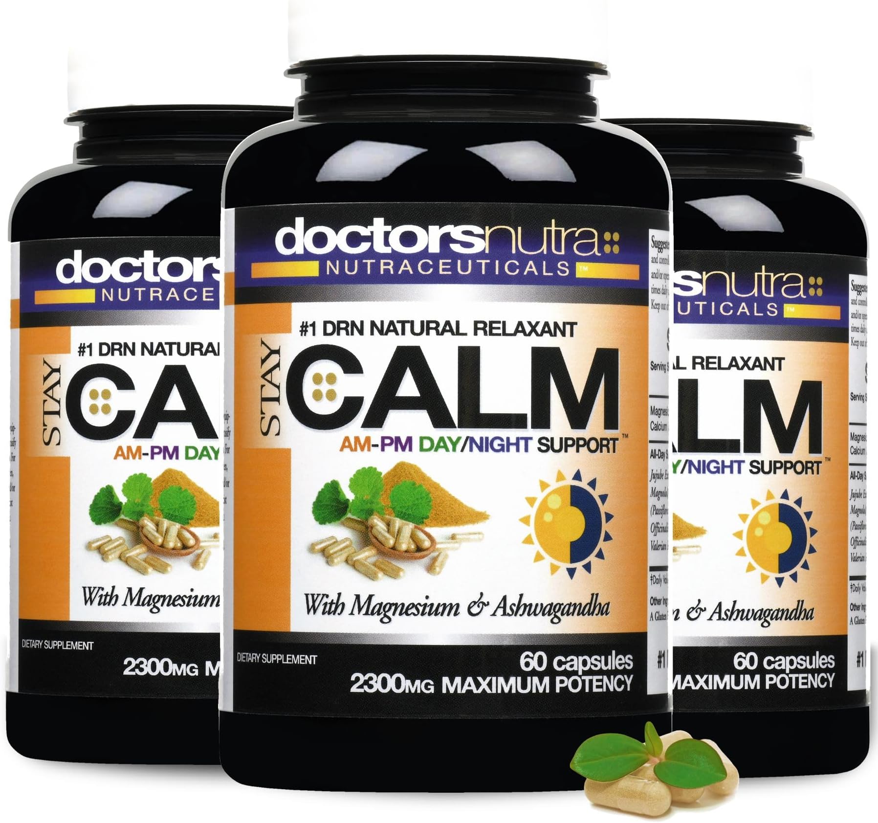 (Pack of 3) Stay-Calm Daytime-Nighttime 24 Hour Support - All Natural Relaxant Relief Support - Ashwagandha, L-Theanine and More - Packaging May Vary
