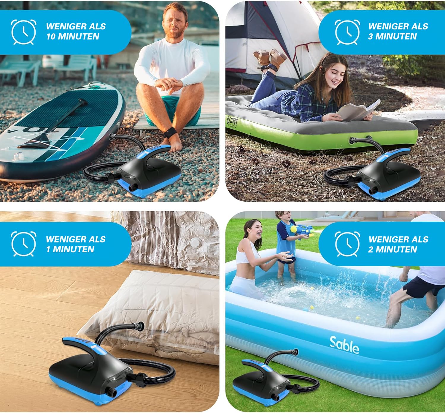 Pompa elettrica Sup – 20 psi paddle board pompa con 6 ugelli, funzione di gonfiaggio intelligente a doppio stadio, funzione di sgonfiaggio, connettore auto 12 V CC, pompa per tavole da paddle, kayak e