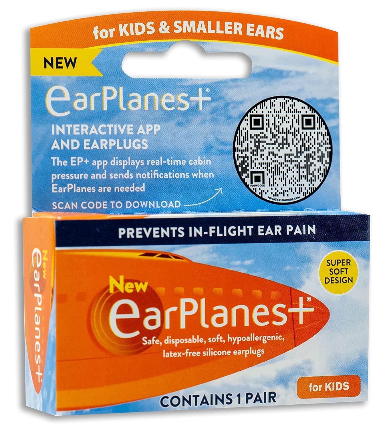Kids EarPlanes+, Earplugs Airplane Travel Ear Protection, Prevent in flight ear discomfort, EarPlanes+ the original pressure preventing earplug for both Kids and adults (Kid's 1 Pair)