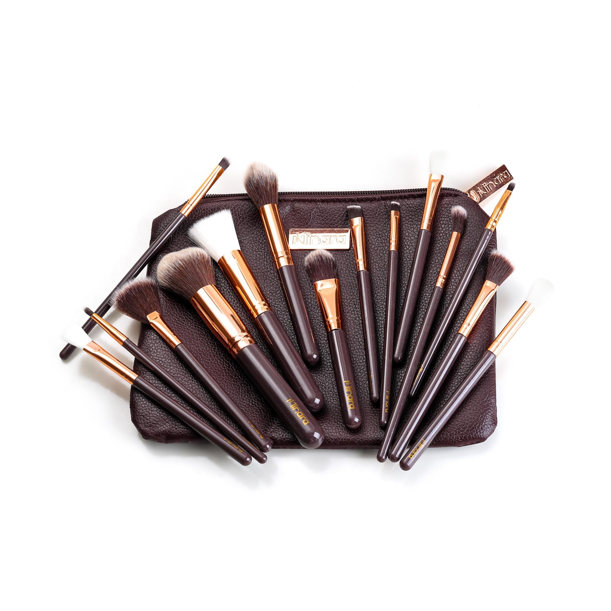 Minara Makeup Brush Set Of 15 With Easy To Carry Pouch (Brown) | Travel Size Cosmetic Brushes Kit For Face Foundation Brush Eyeshadow With Storage | Makeup Pouch For Women |-picture-45