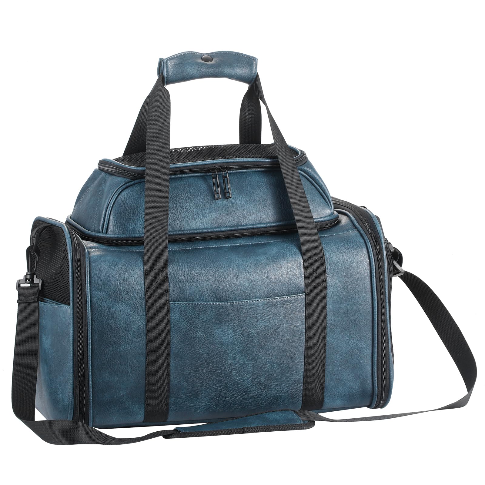 Premium Leather Top Expandable Pet Carrier for Small Dogs & Cats Under 15 lbs, Airline Approved Collapsible Soft-Sided Luxury Travel Bag Blue
