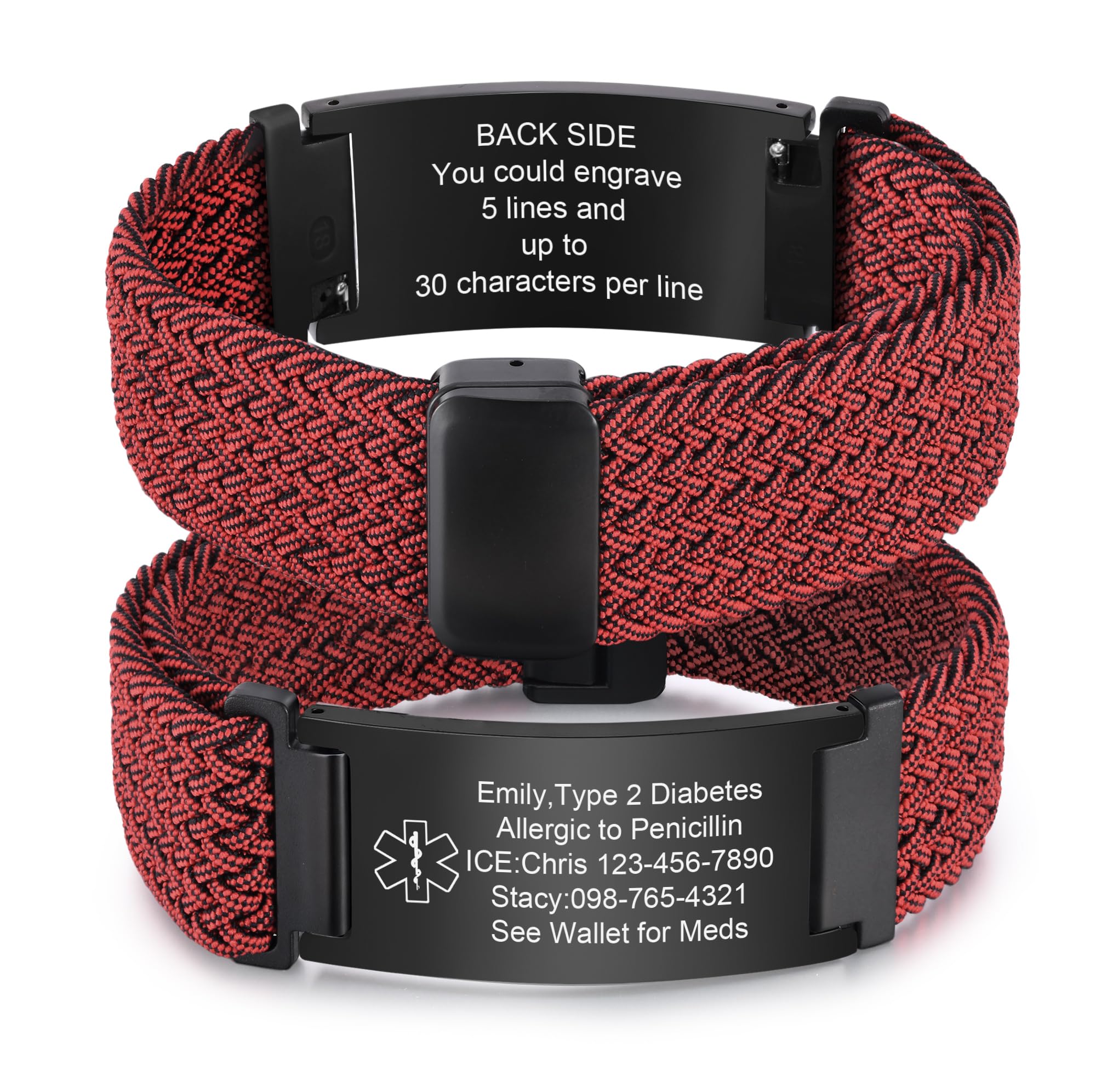 VNOX Medical Alert Id Bracelet for Men Women, Custom Engraving Elastic Braided Stretchy Loop Emergency Survival Medic Bracelets Wristband Loop Band with Removeable Tag