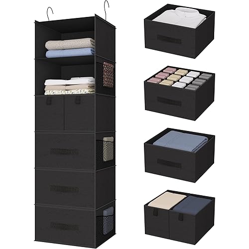 6-Shelves Hanging Closet Organizer with 5 Different Drawers, Foldable Closet Organizers and Storage for Wardrobe, Closet& RV, Clothes and Accessories Storage, Non-Woven Fabric, Black
